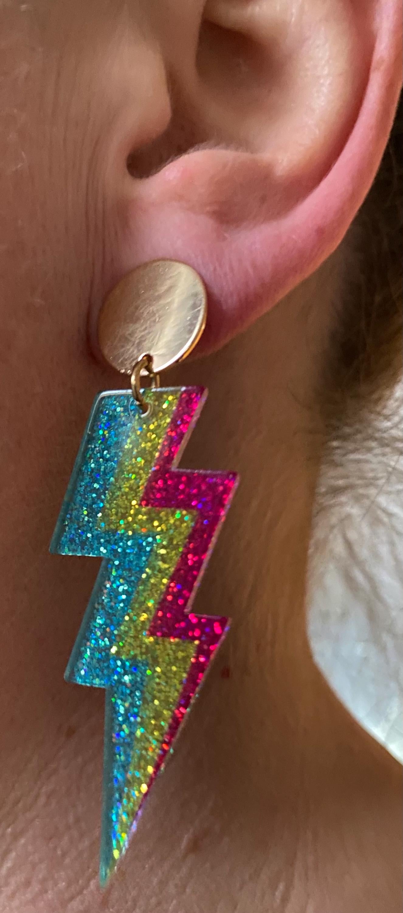 Dangling clip on earrings, plastic glitter lightning bolt earrings, large clip ons