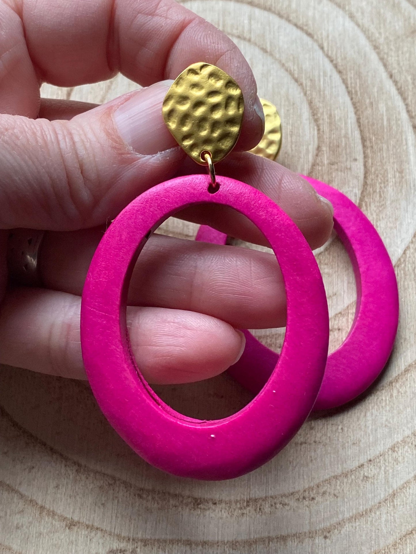 Large clip on rustic wooden hoop earrings, dangling pink or blue hoop earrings