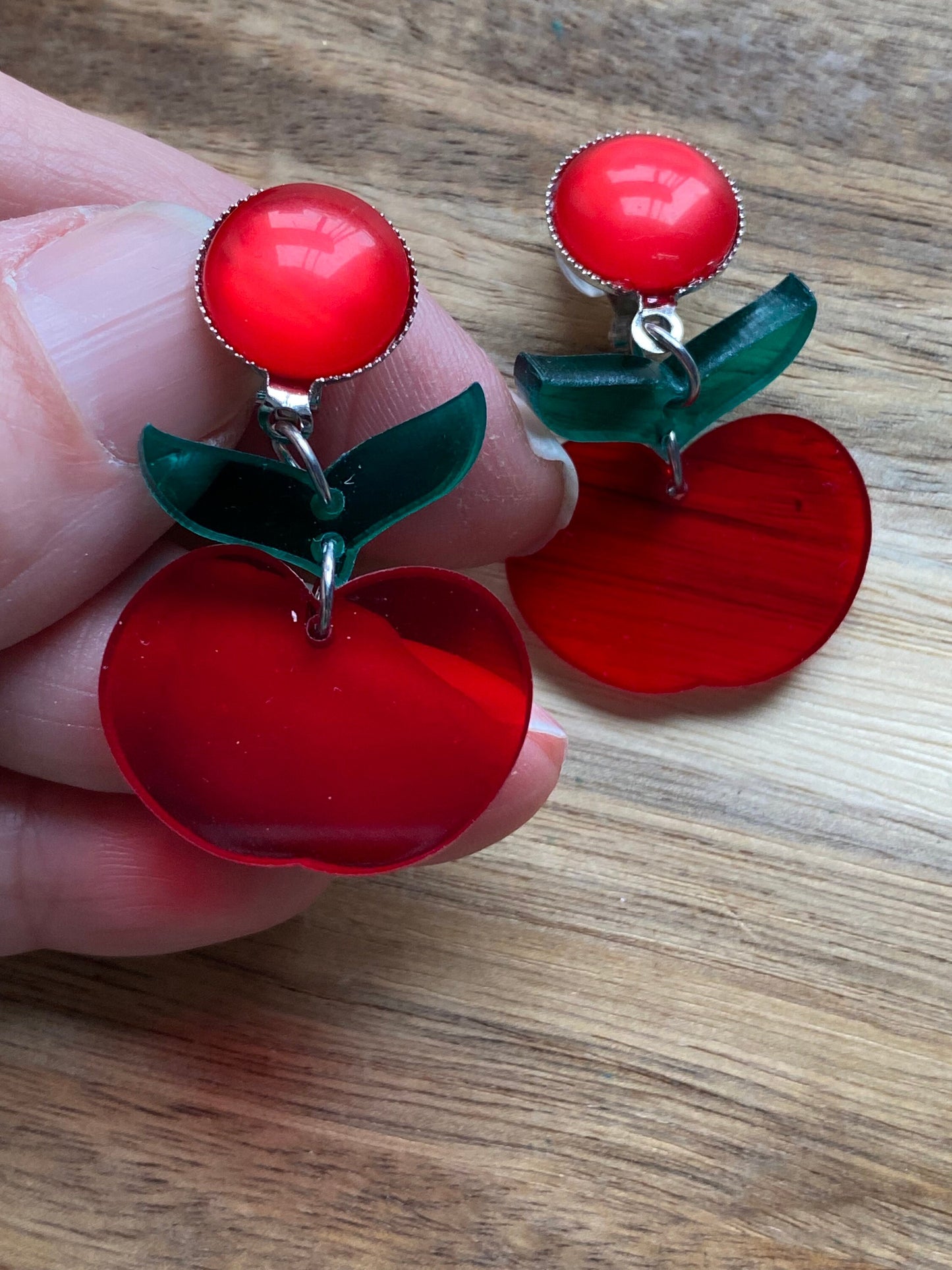Dangling clip on red apple pendant earrings, translucent apple earrings, novelty clip on earrings