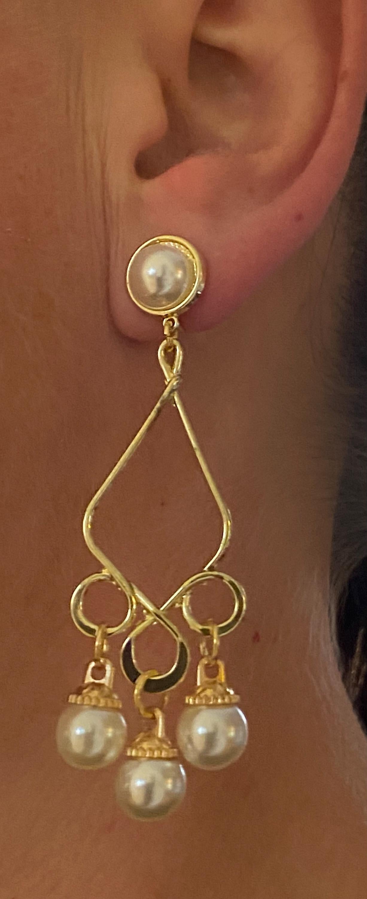 Dangling faux pearl clip on earrings, large clip on earrings