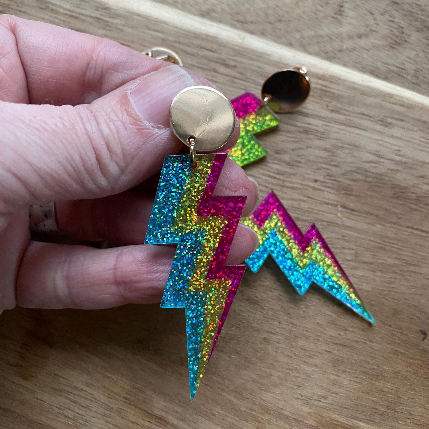Dangling clip on earrings, plastic glitter lightning bolt earrings, large clip ons