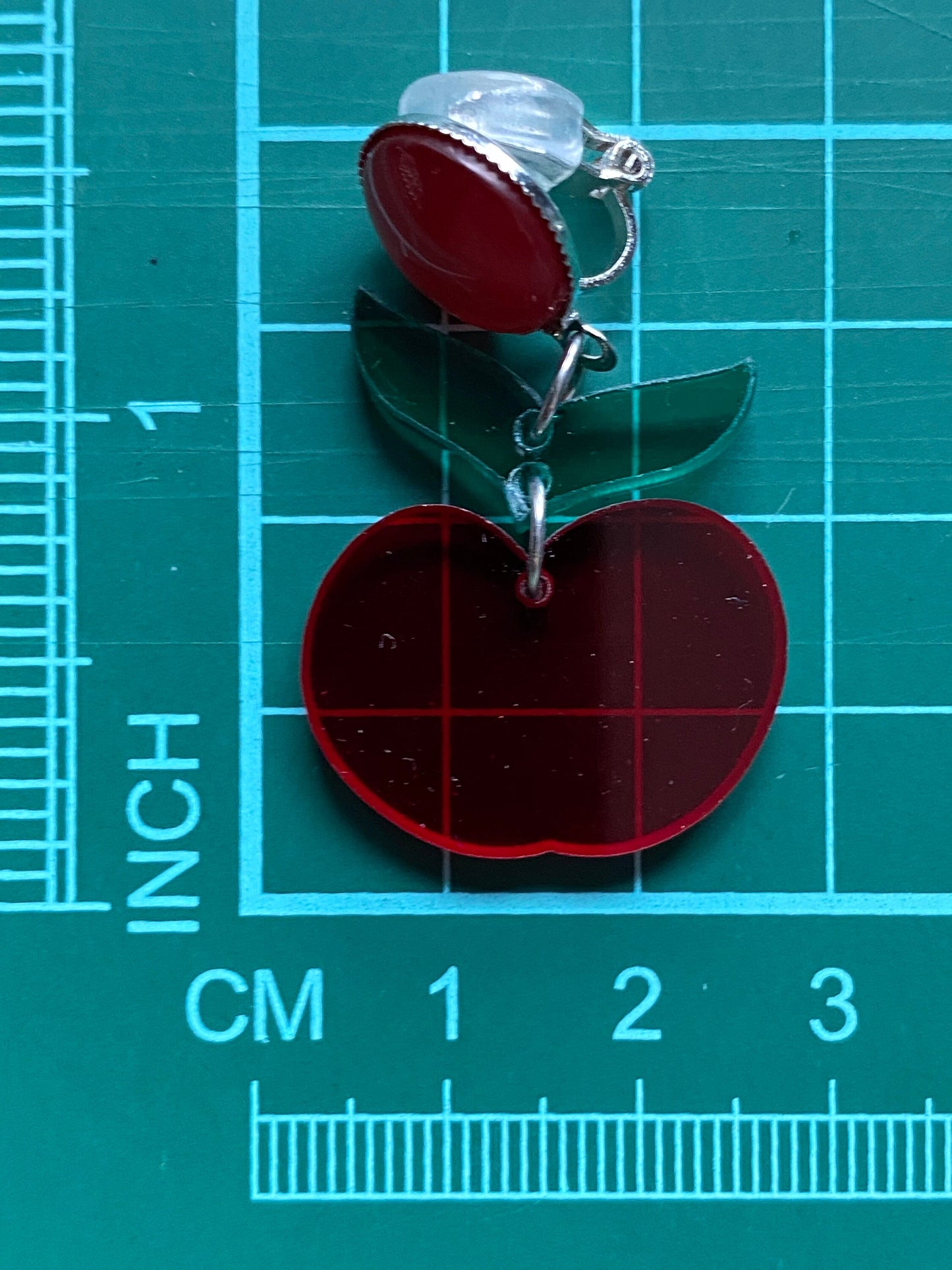 Dangling clip on red apple pendant earrings, translucent apple earrings, novelty clip on earrings