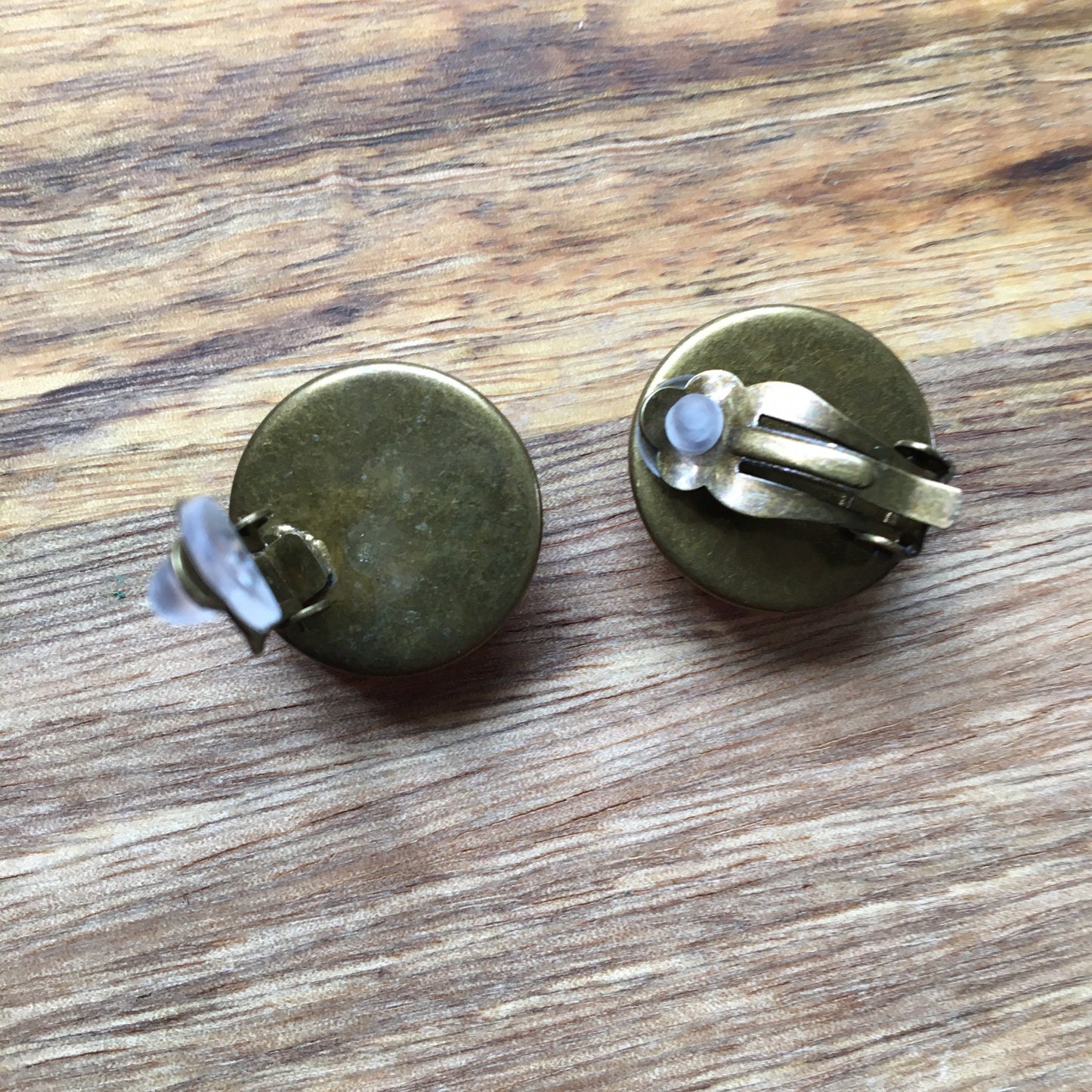 Gorgeous 20mm glass cabochon clip on earrings in a bronze coloured setting (red polka dots, flowers, trees)