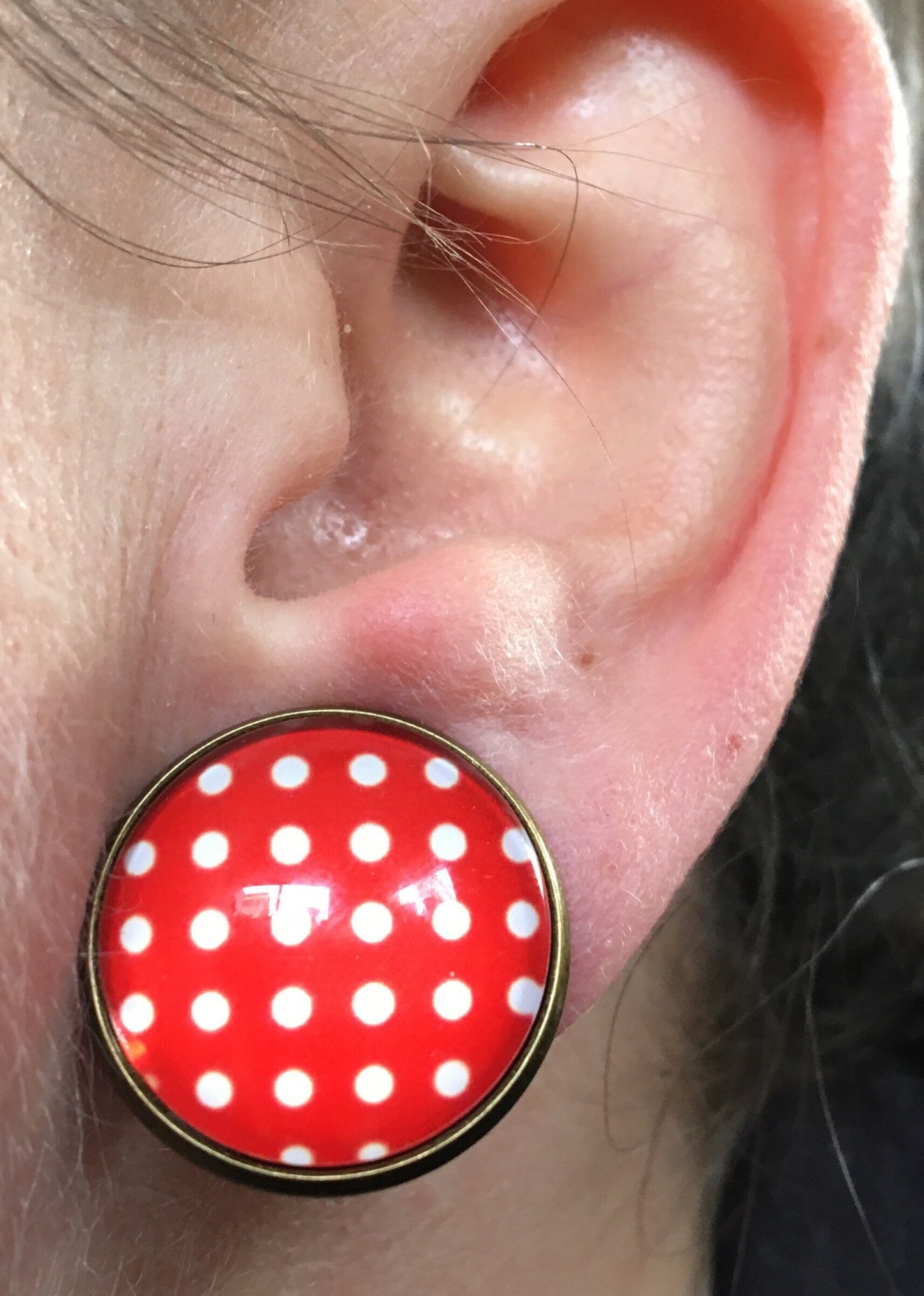 Gorgeous 20mm glass cabochon clip on earrings in a bronze coloured setting (red polka dots, flowers, trees)