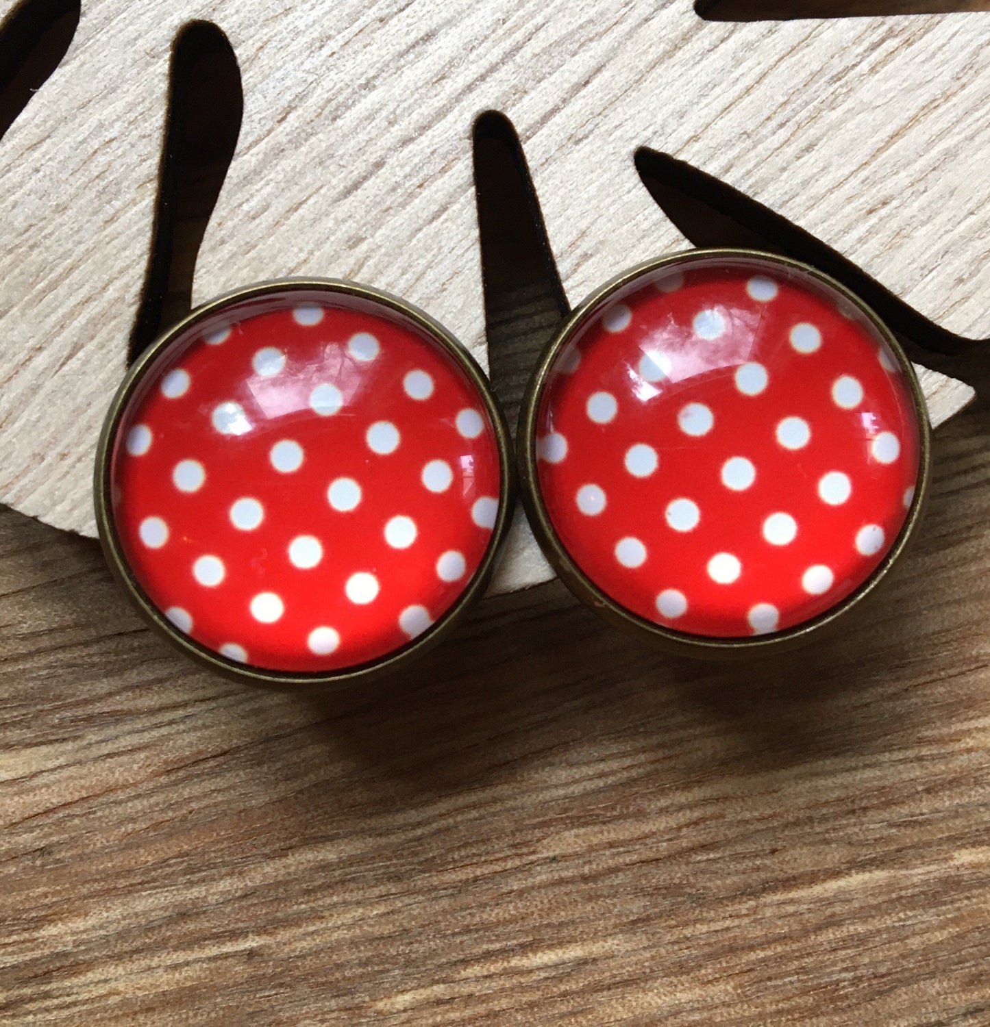 Gorgeous 20mm glass cabochon clip on earrings in a bronze coloured setting (red polka dots, flowers, trees)