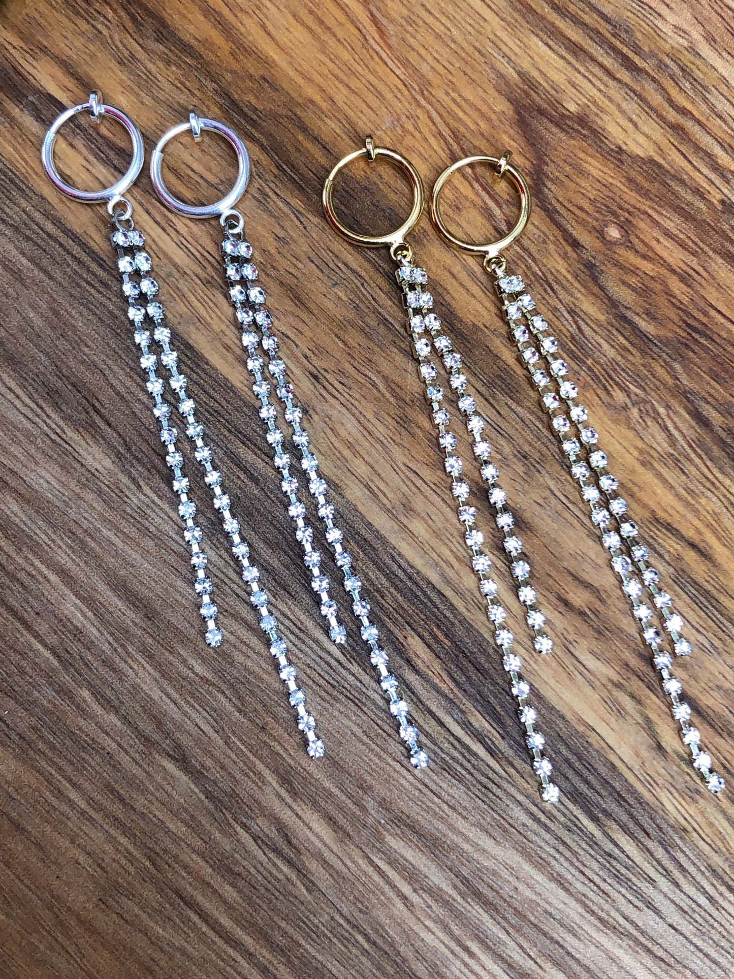 Adorable lightweight dangling rhinestone chains on clip on spring hoop earrings