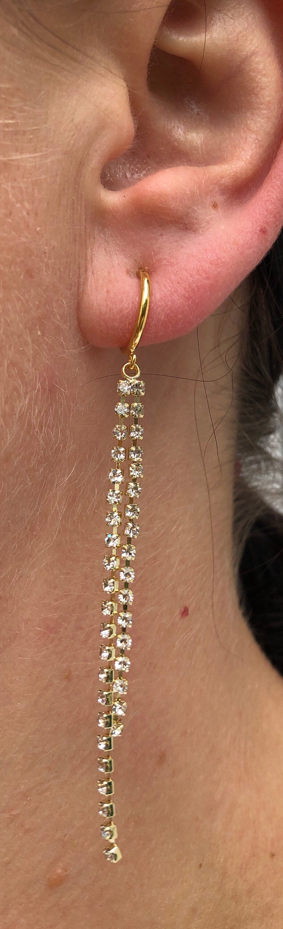 Adorable lightweight dangling rhinestone chains on clip on spring hoop earrings