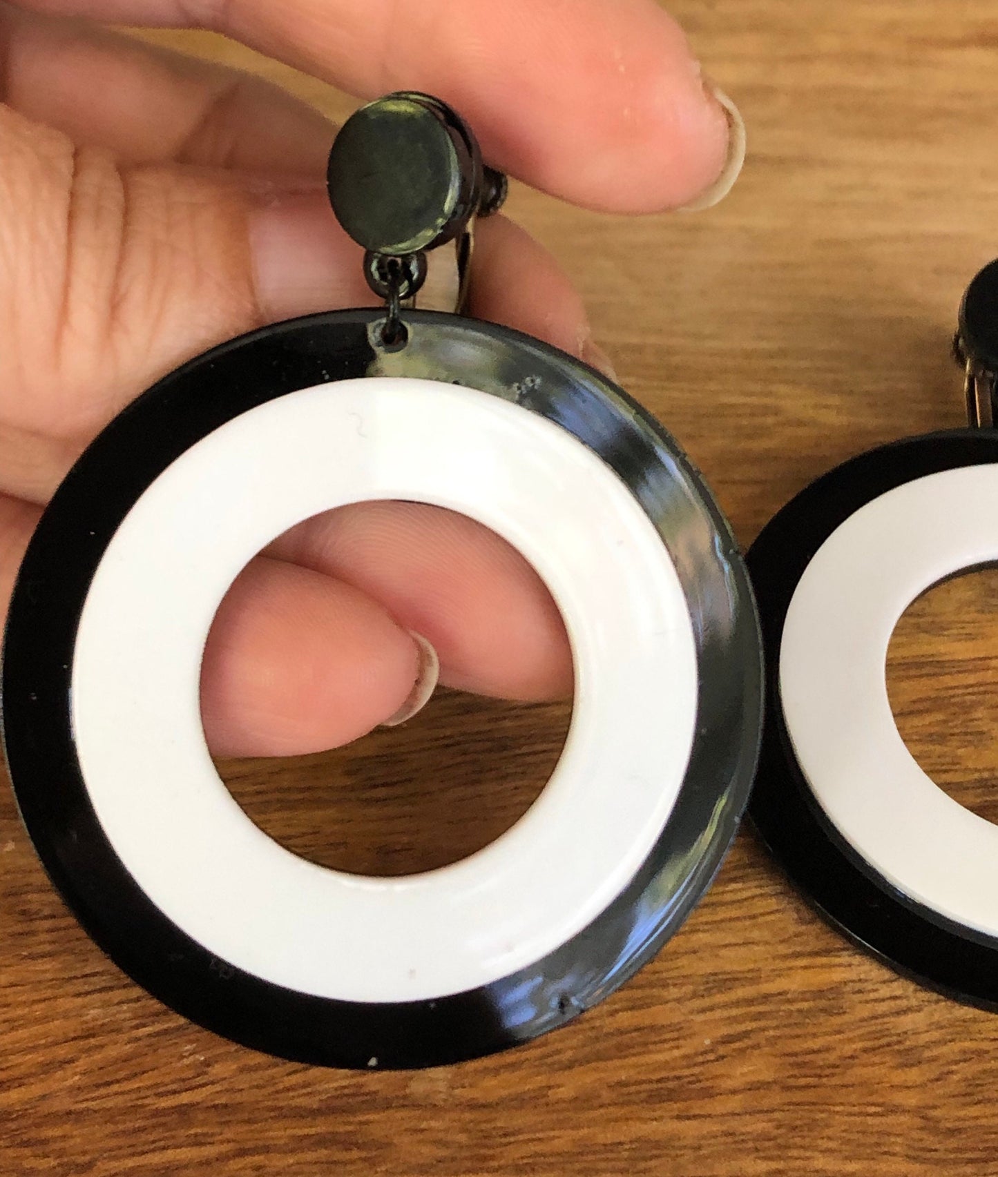 Oversized dangling black and white plastic hoop clip on earrings, dangle screwback hoops