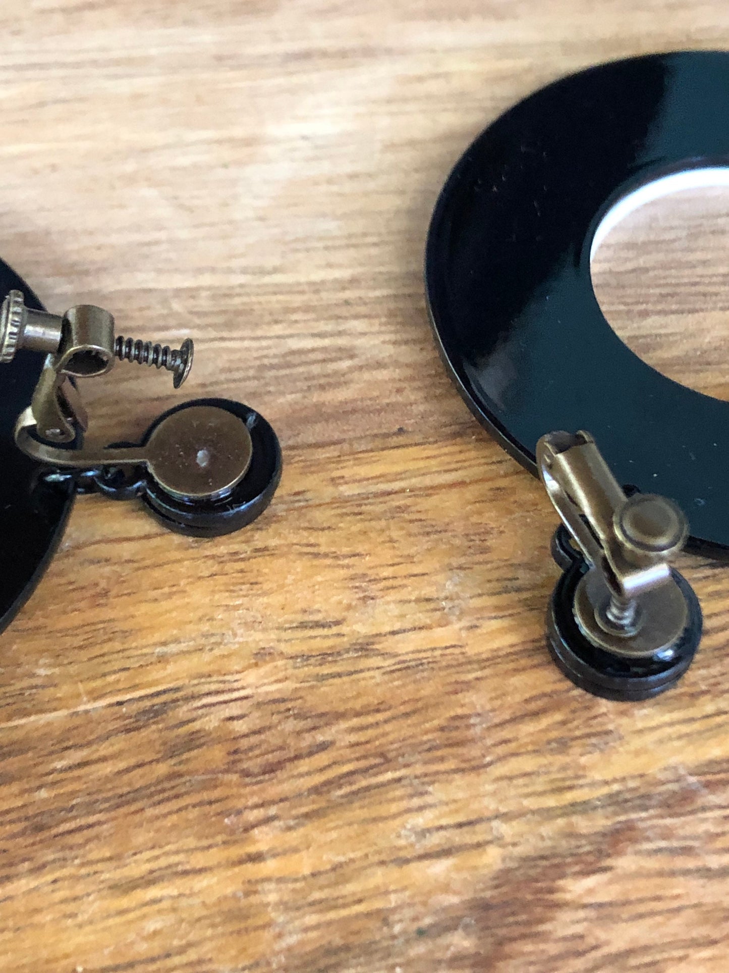 Oversized dangling black and white plastic hoop clip on earrings, dangle screwback hoops