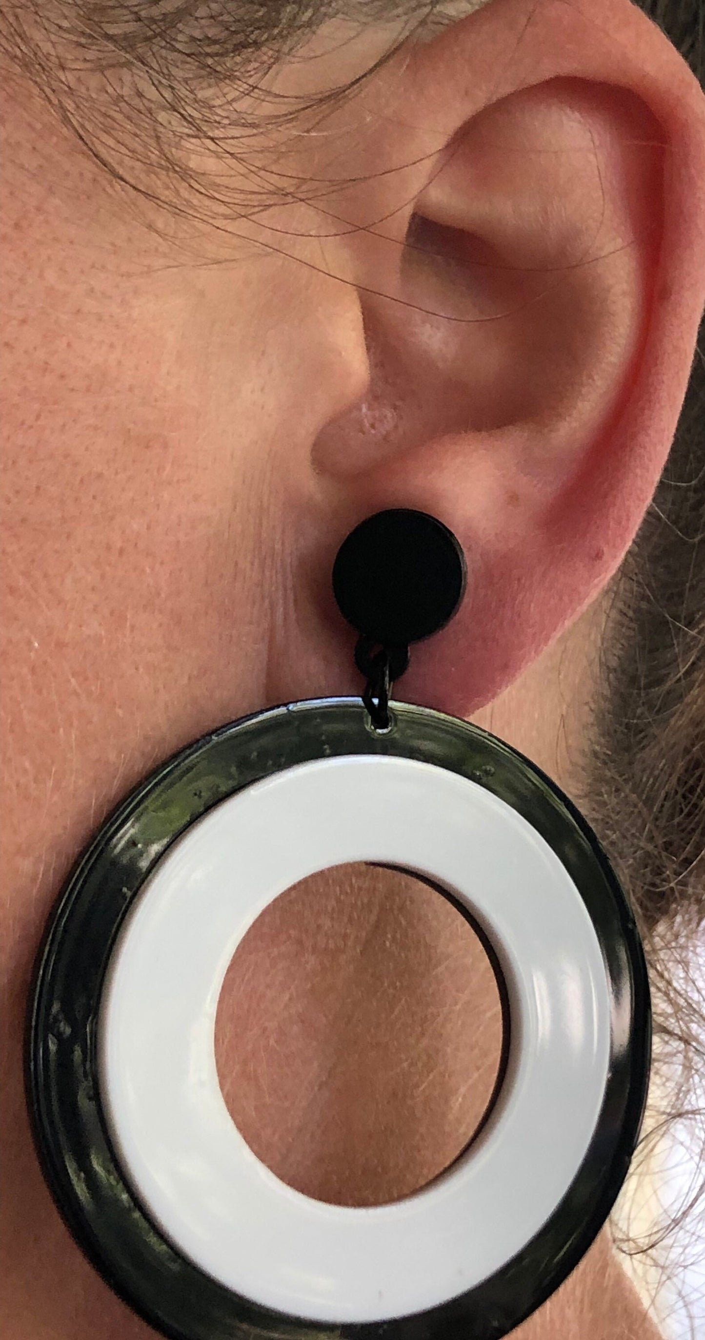 Oversized dangling black and white plastic hoop clip on earrings, dangle screwback hoops