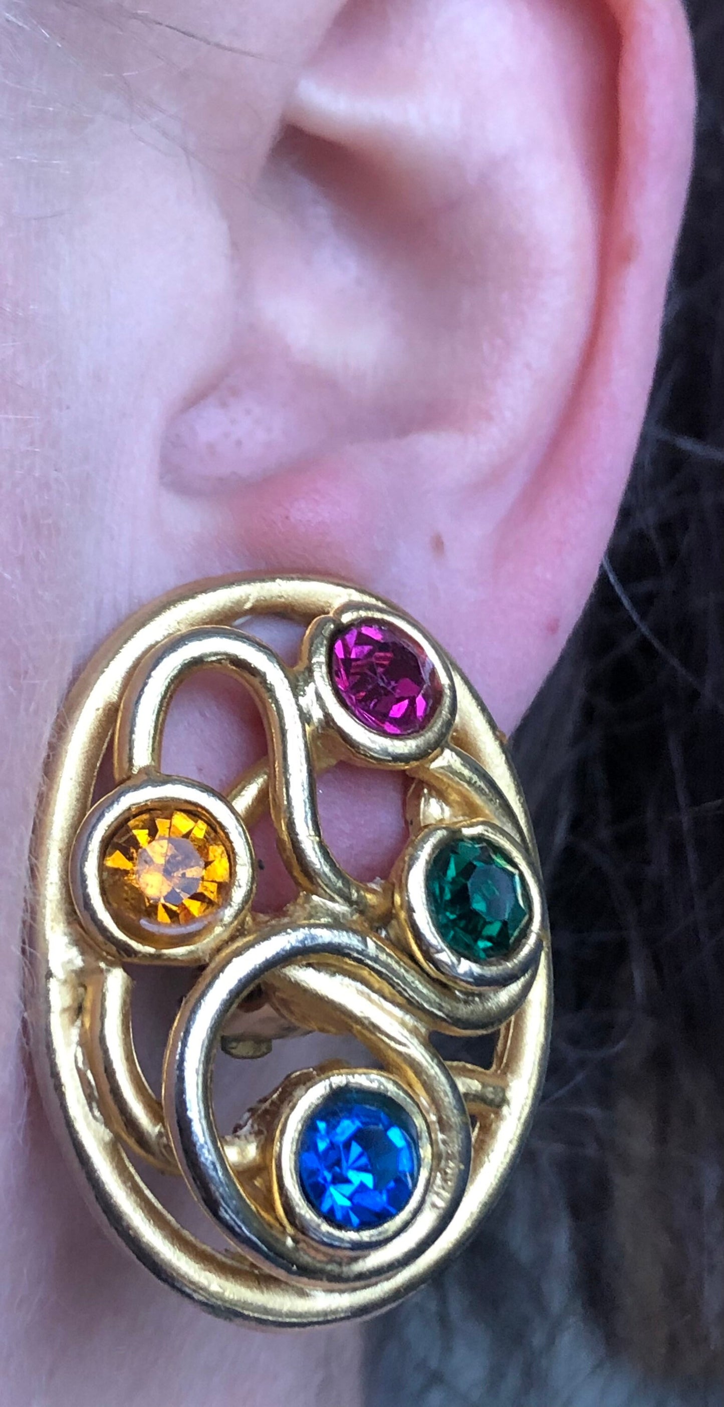 Vintage clip on Edouard Rambaud queen sized earrings with multicoloured rhinestones