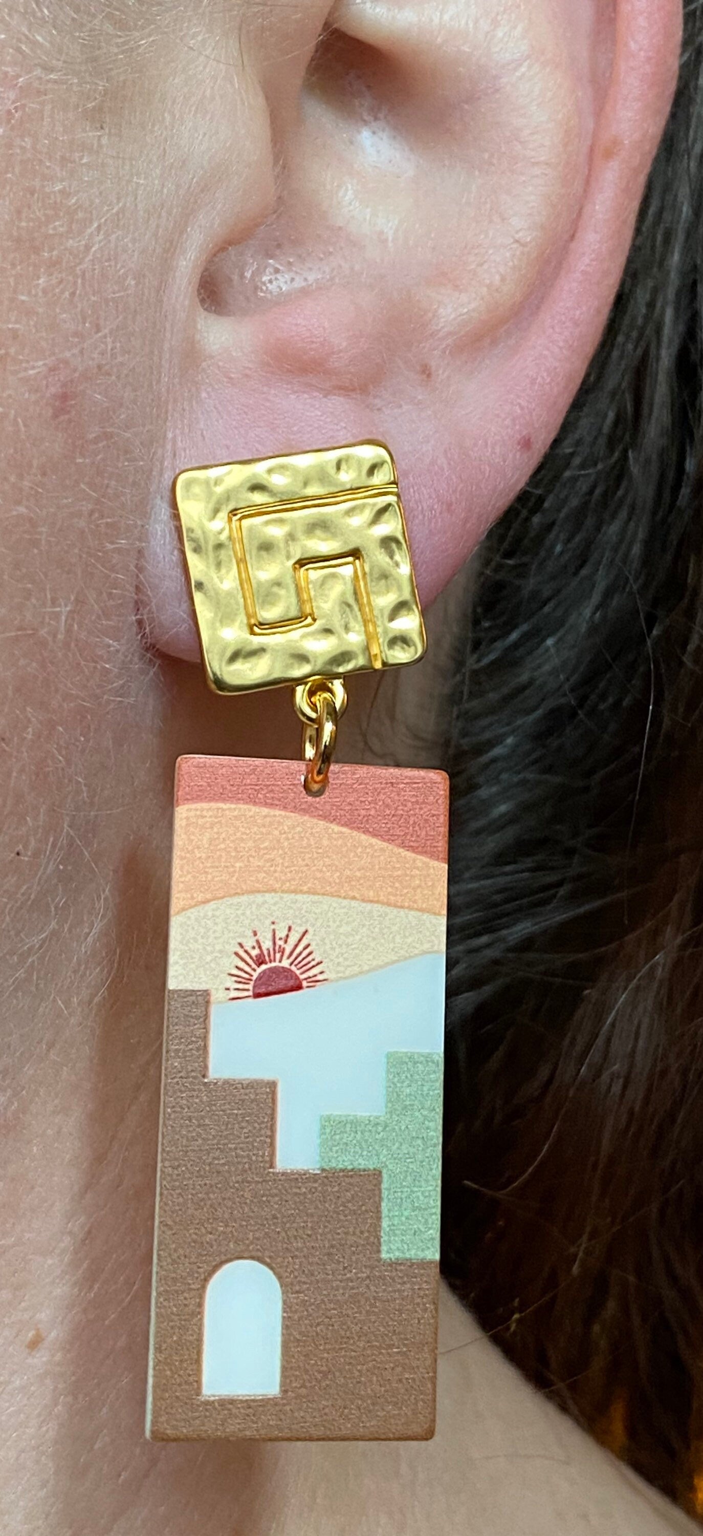 Trendy dangling plastic rectangular abstract earrings, brown sunrise, blue floral or white daisy clip on earrings
