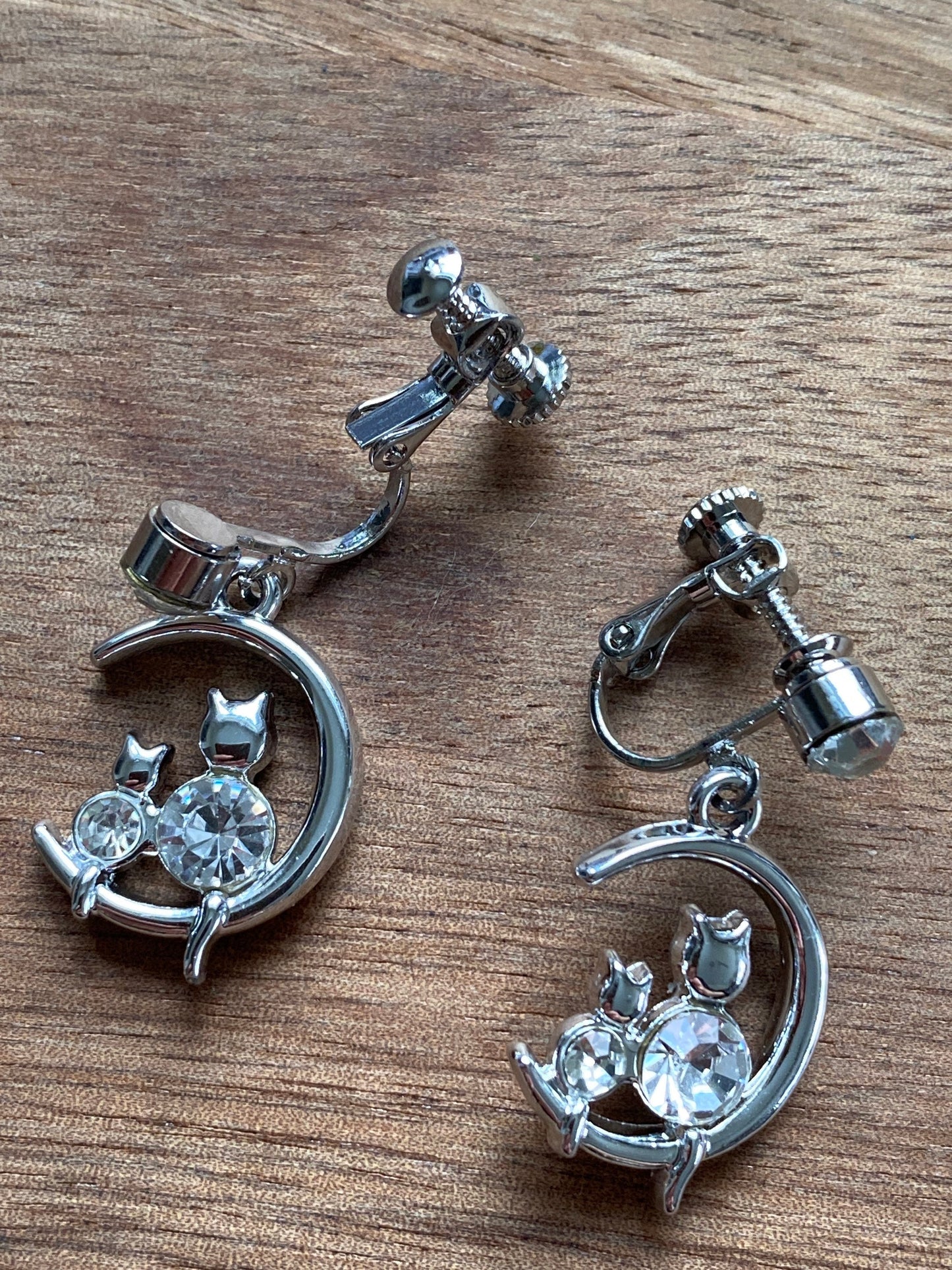 Dangling silver rhinestone moon and kitten clip on earrings (no piercing | screwback)