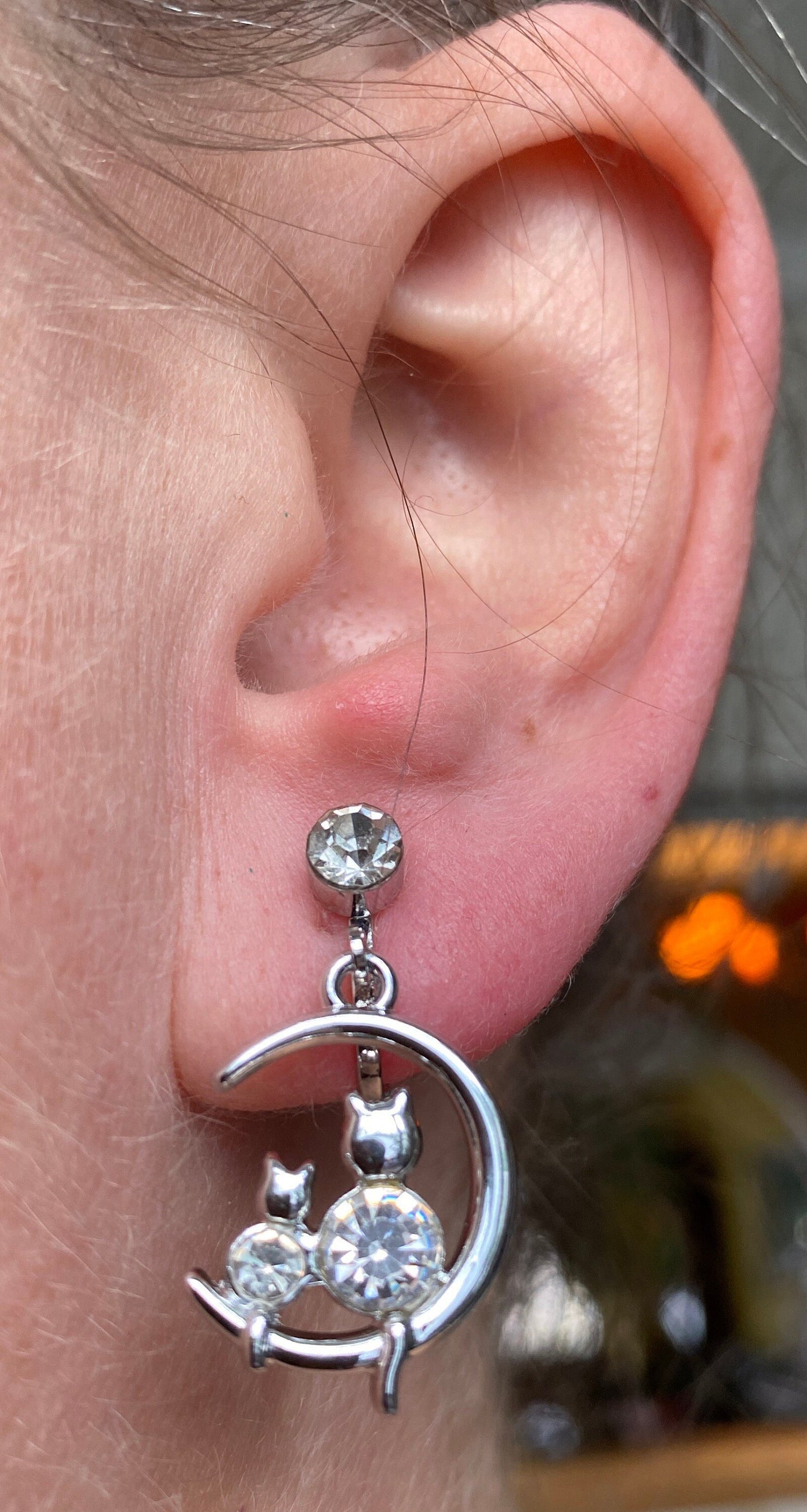 Dangling silver rhinestone moon and kitten clip on earrings (no piercing | screwback)
