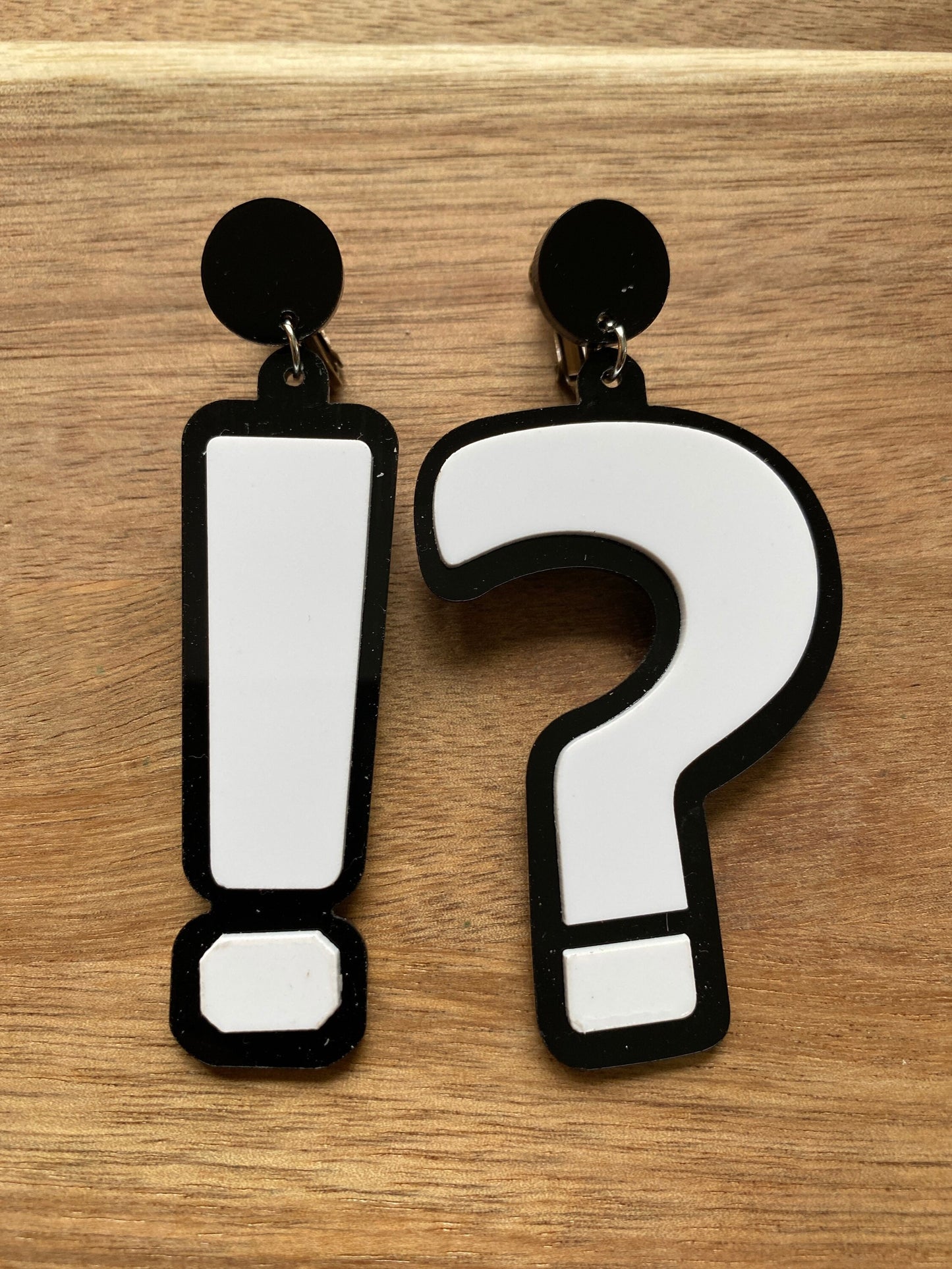Oversized clip on earrings, exclamation point and question mark black and white screwback earrings