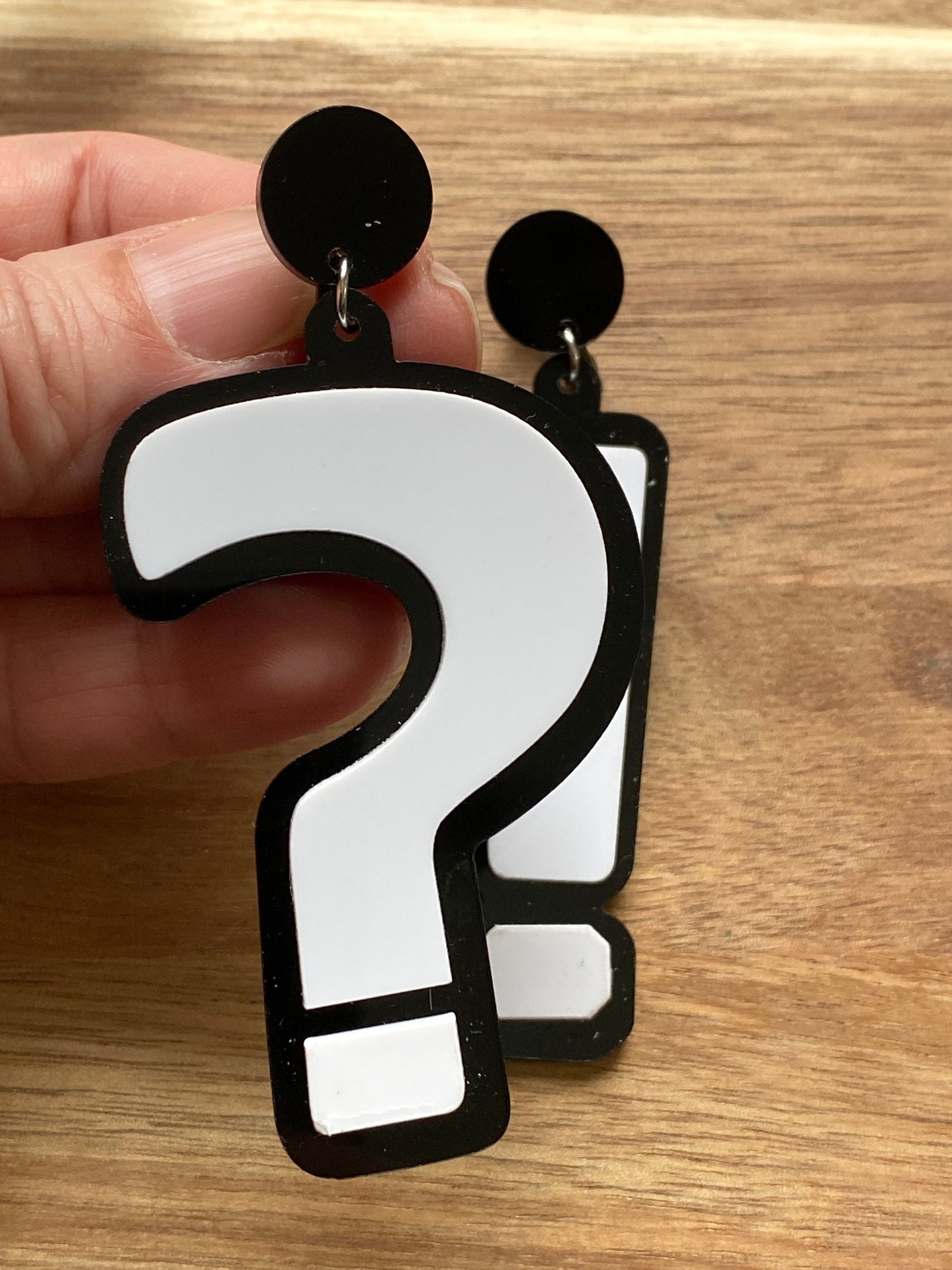 Oversized clip on earrings, exclamation point and question mark black and white screwback earrings