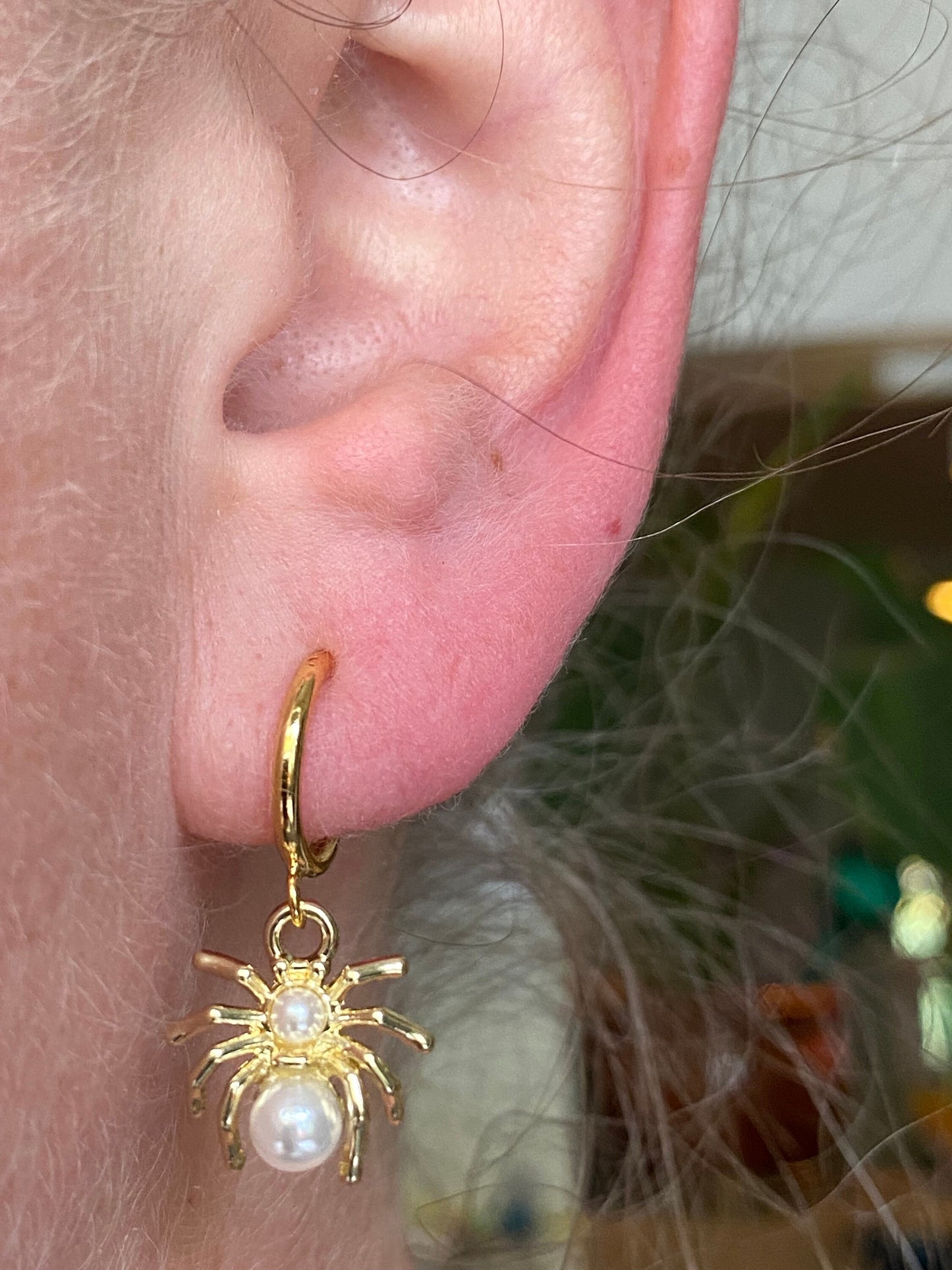 Gold and pearl dangling clip on spider earrings, faux pearl spring hoop spider earrings for unpierced ears