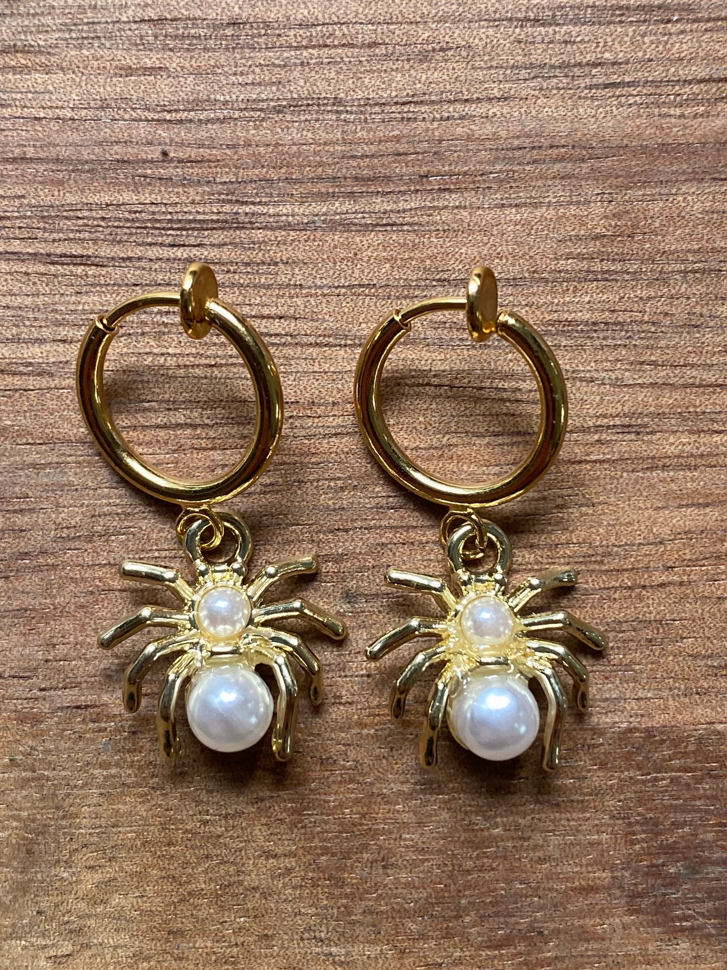 Gold and pearl dangling clip on spider earrings, faux pearl spring hoop spider earrings for unpierced ears
