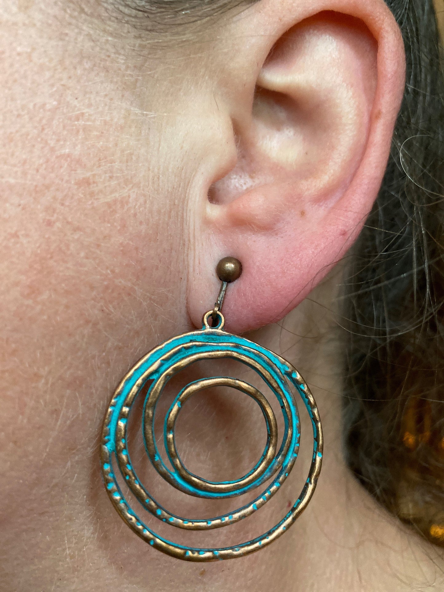 Dangling clip on copper coloured rustic hoop earring, neutral patina clip on earrings