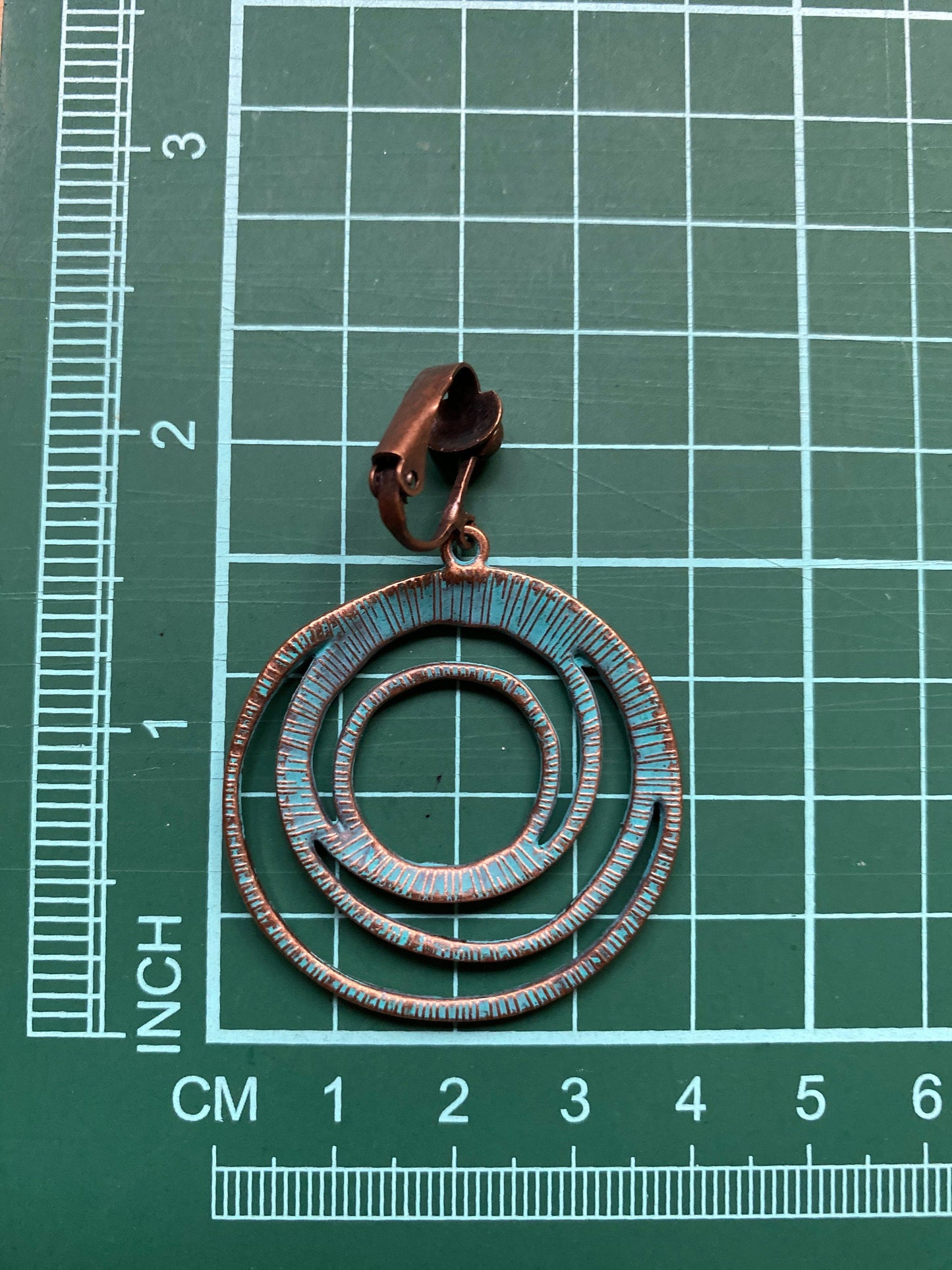 Dangling clip on copper coloured rustic hoop earring, neutral patina clip on earrings