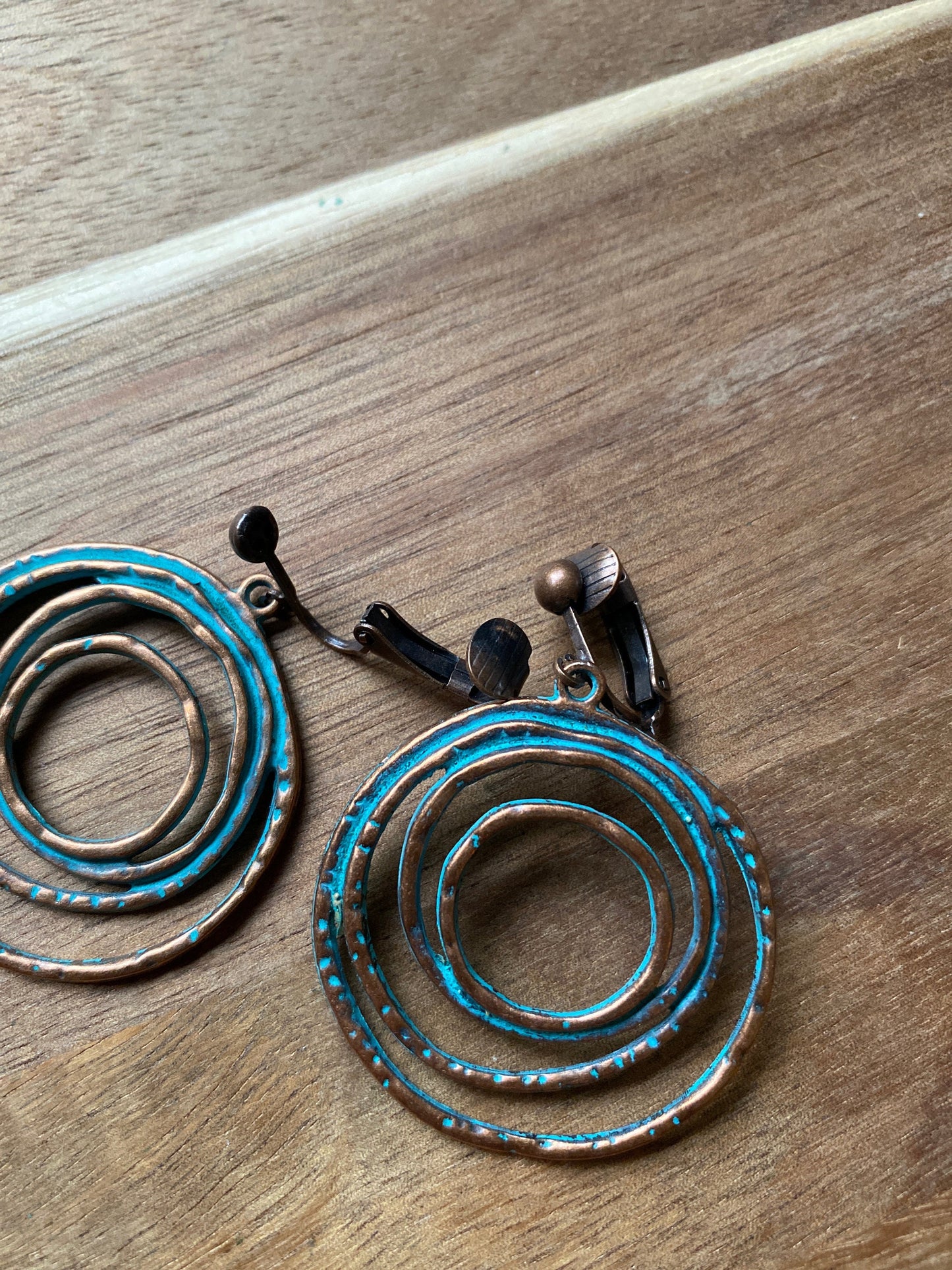 Dangling clip on copper coloured rustic hoop earring, neutral patina clip on earrings