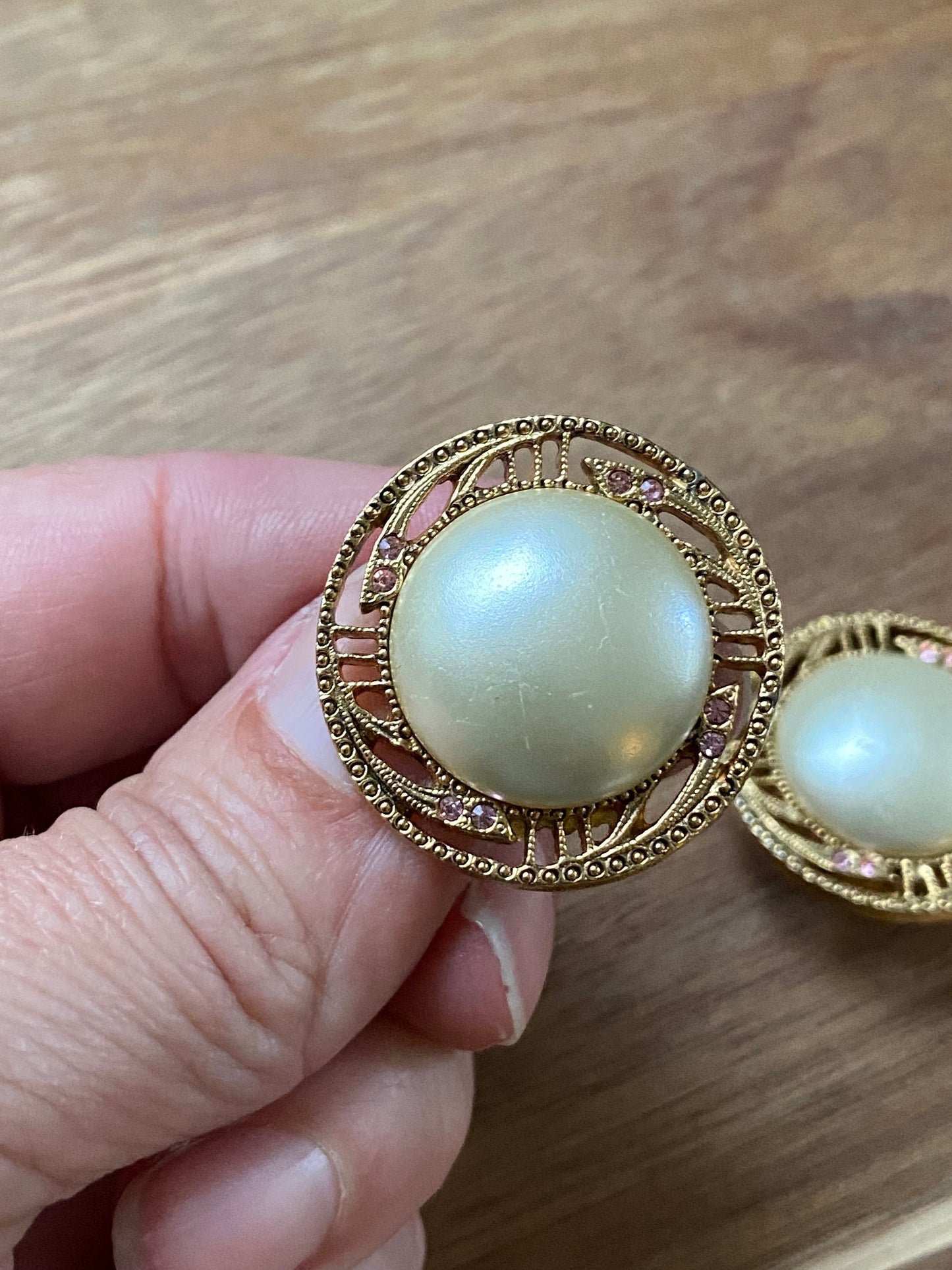 Faux pearl and pink rhinestone clip on earrings, clip on earrings for unpierced ears