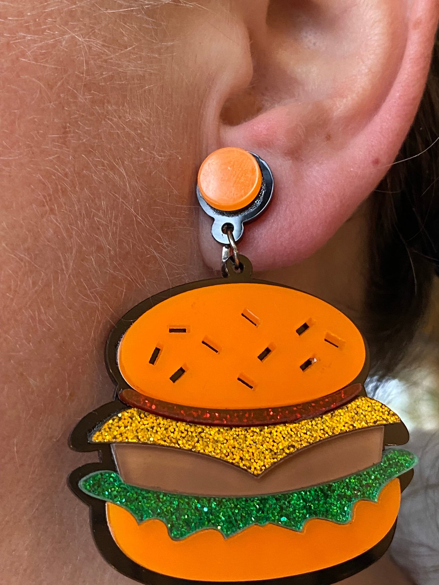 Dangling clip on hamburger earrings, screwback novelty earrings