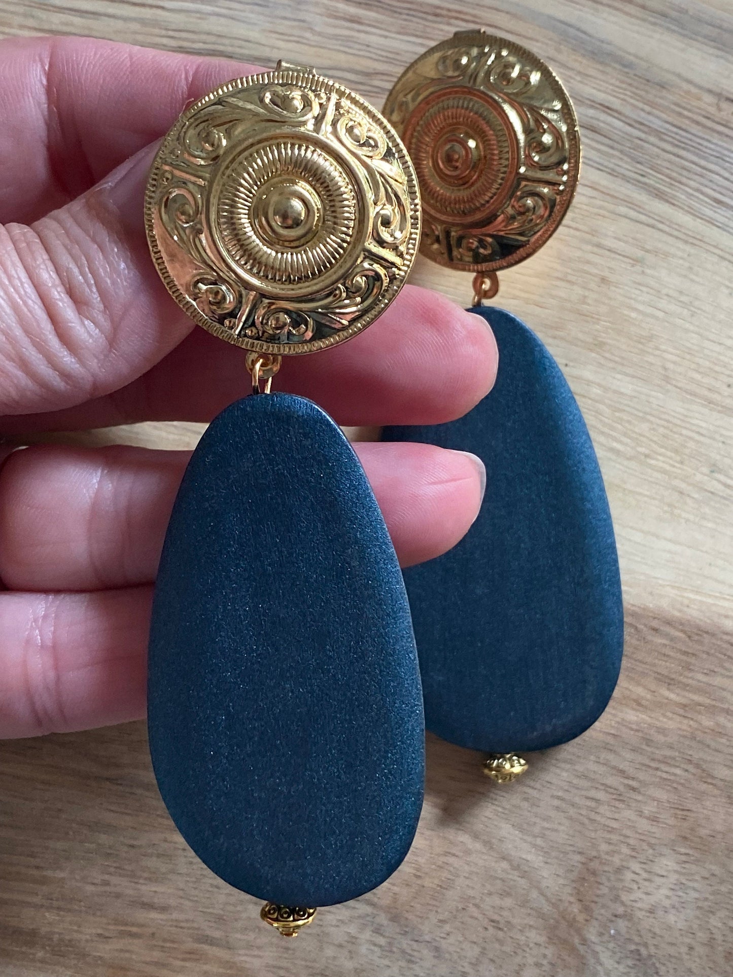 Handmade dangling queen sized wood bead clip on earrings, dramatic clip on earrings