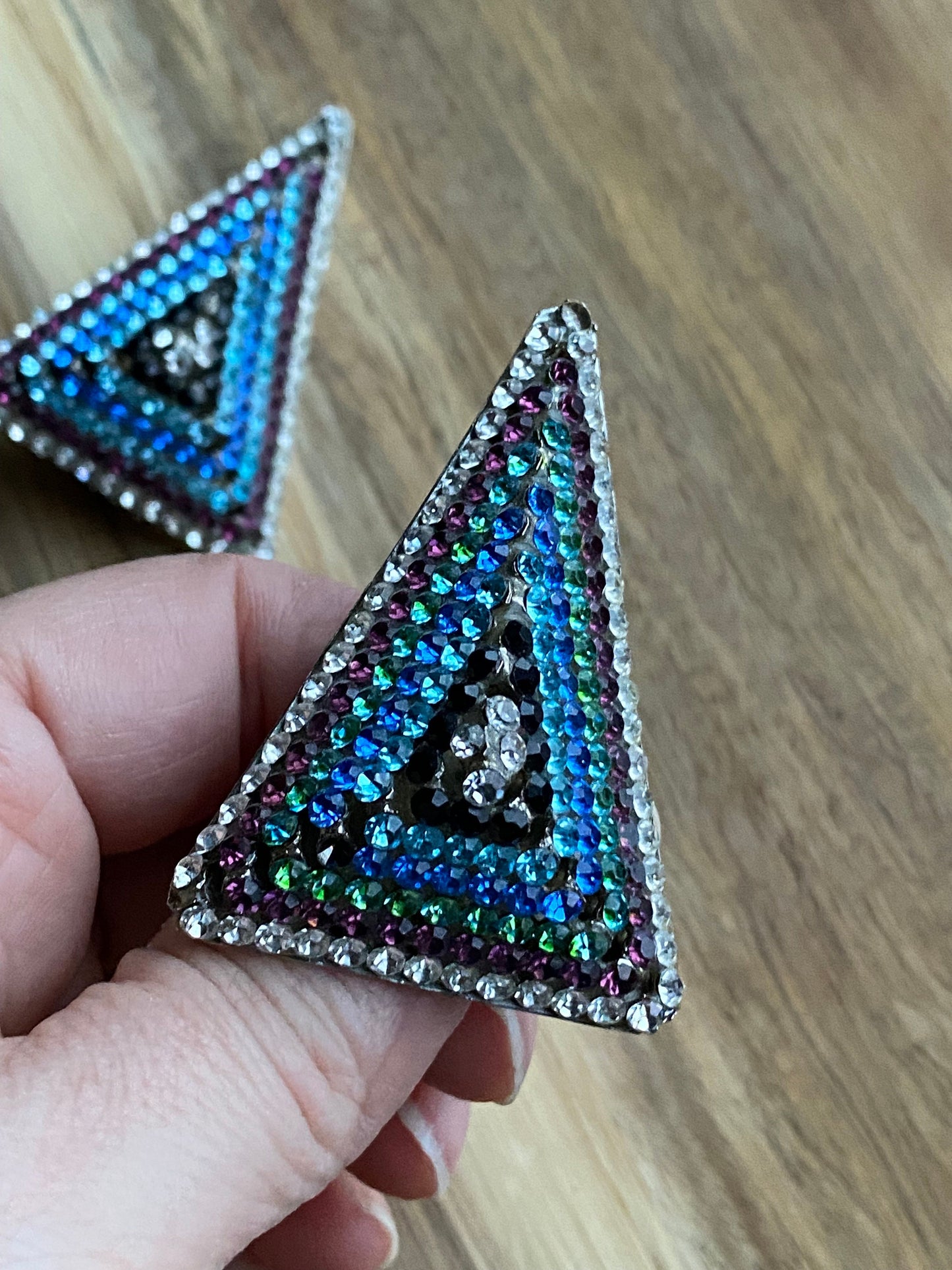 Vintage clip on L DeMaria queen sized geometric earrings, vintage rhinestone earrings
