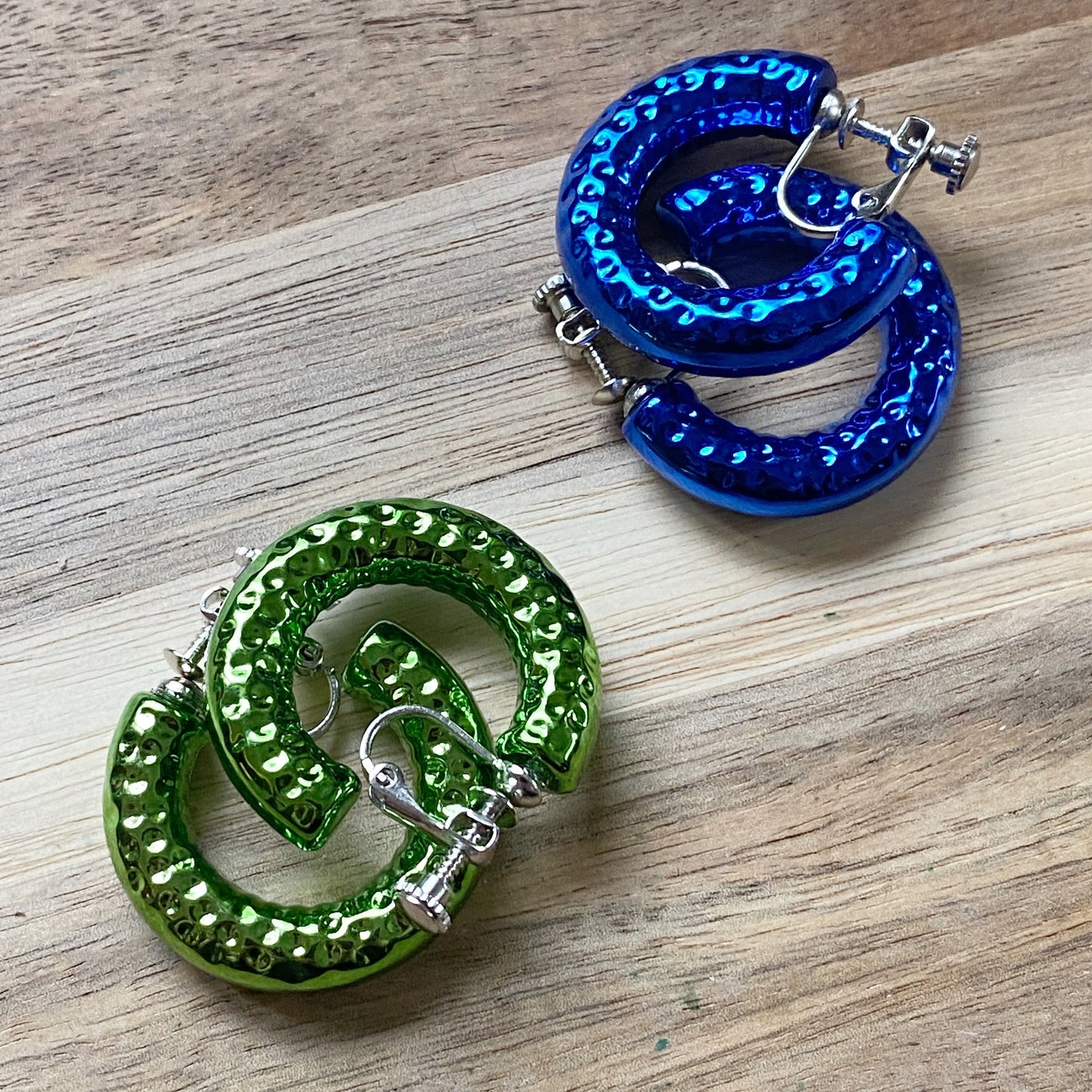 Metallic clip on hoop earrings, colourful screwback hoop earrings
