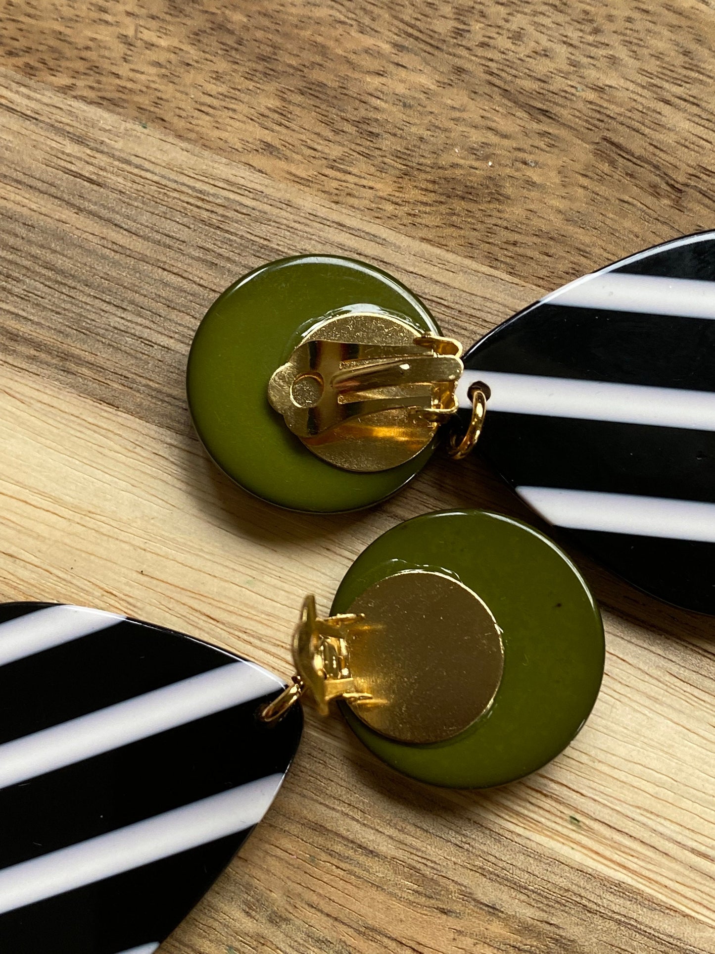 Oversized clip on green, black and white earrings
