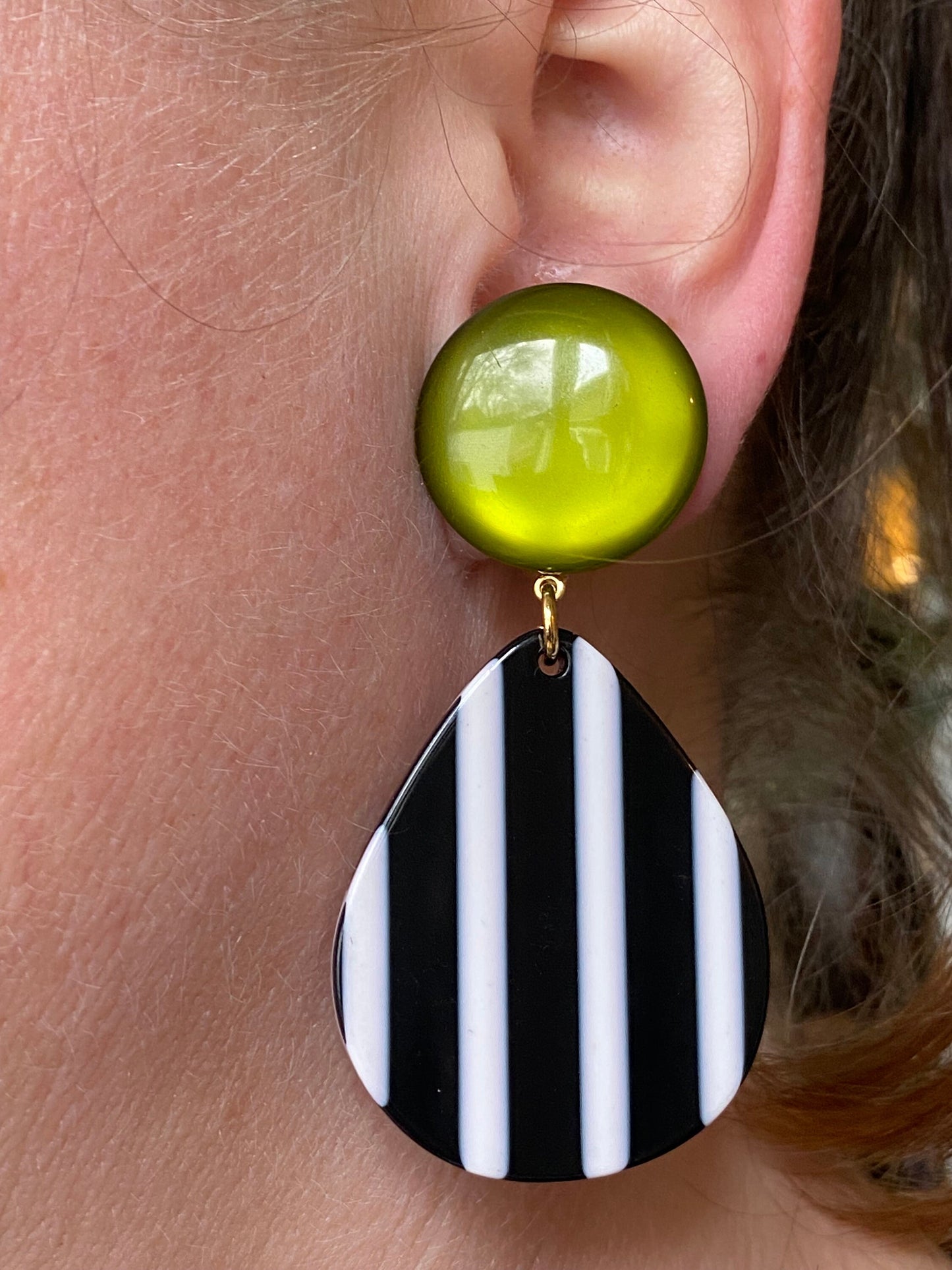 Oversized clip on green, black and white earrings