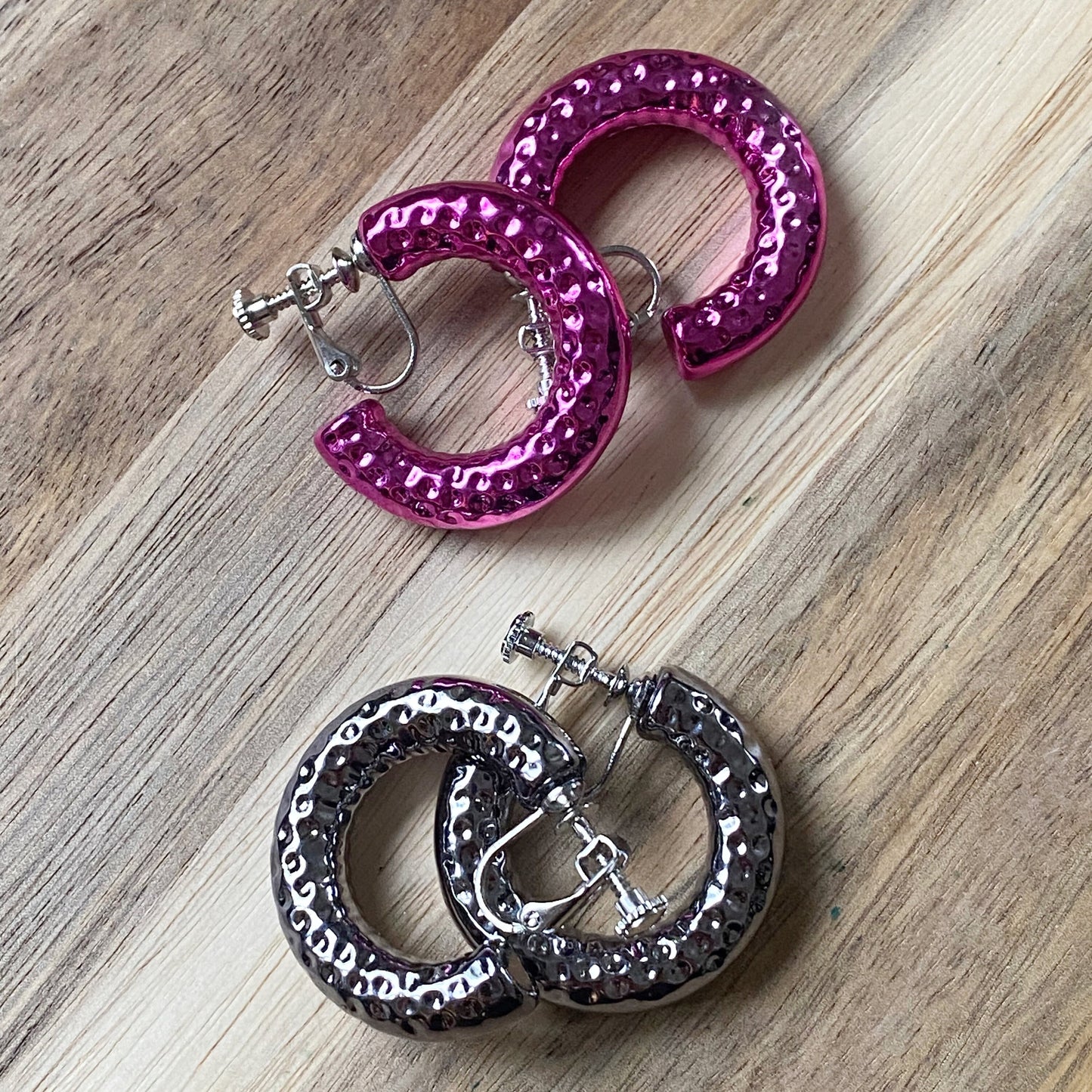 Metallic clip on hoop earrings, colourful screwback hoop earrings