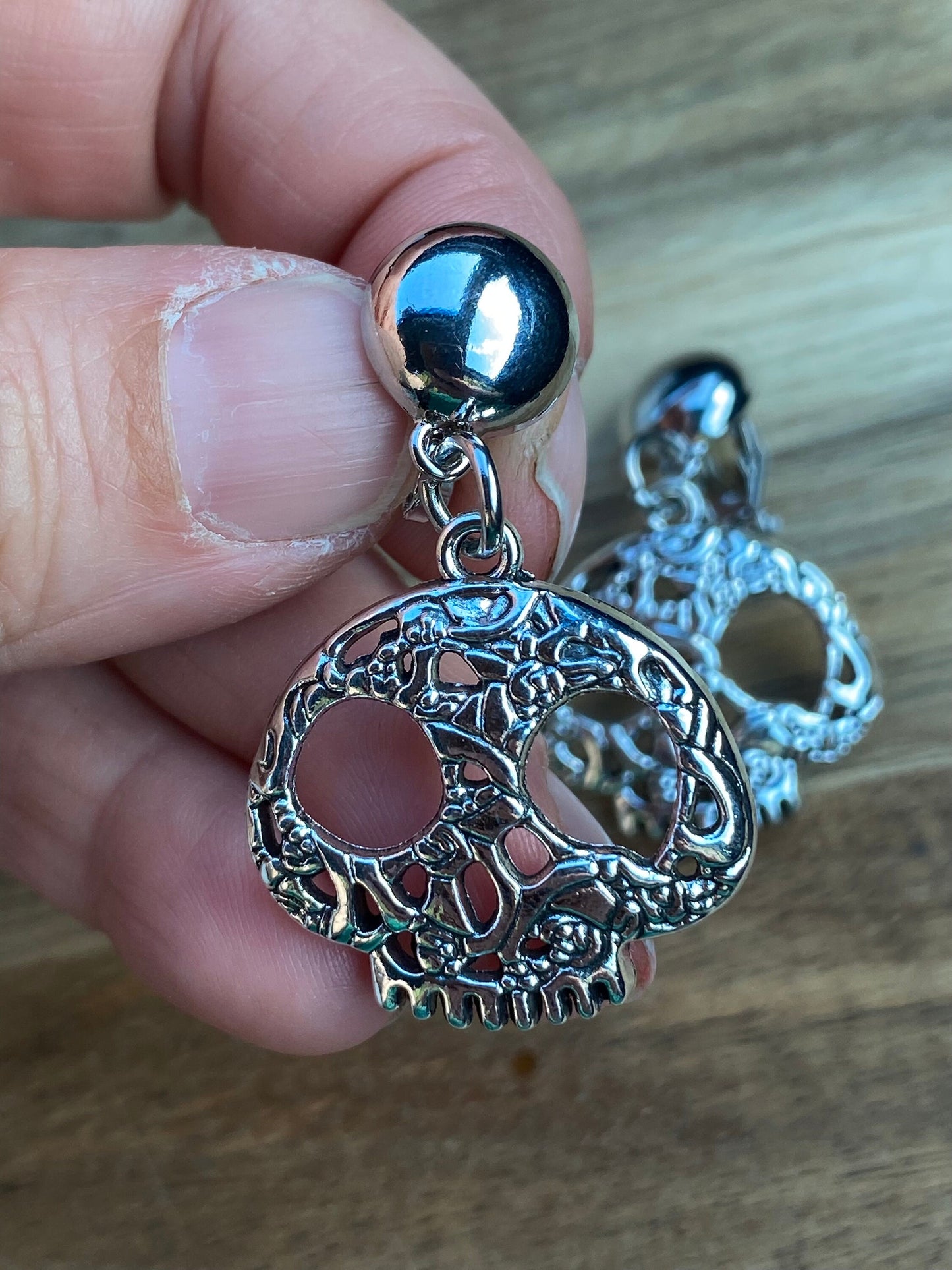 Silver skull clip on earrings, sugar skull earrings