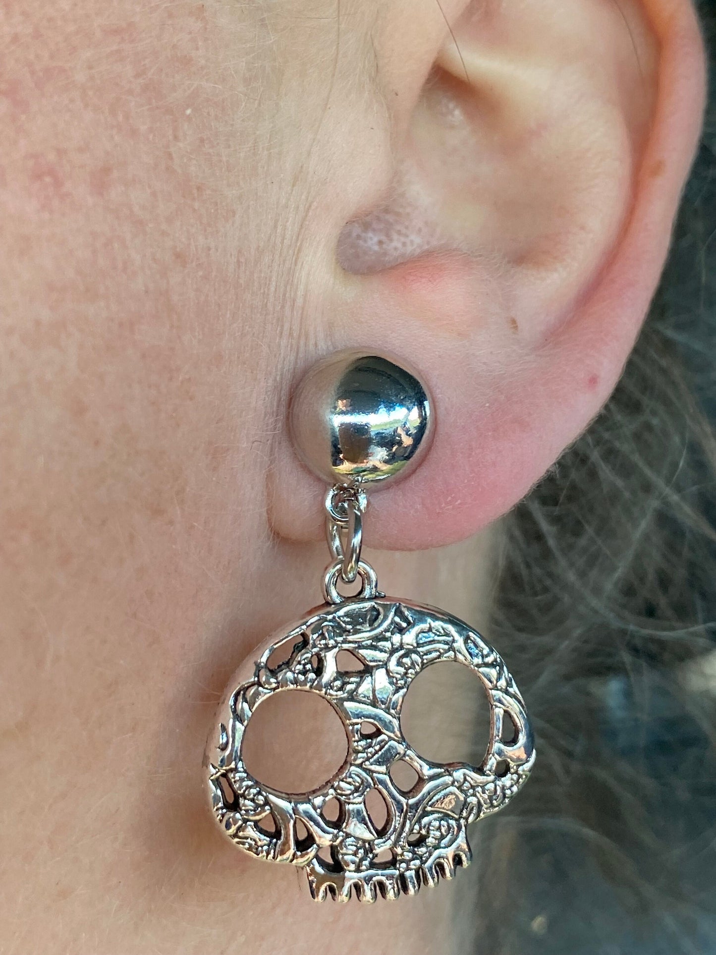 Silver skull clip on earrings, sugar skull earrings
