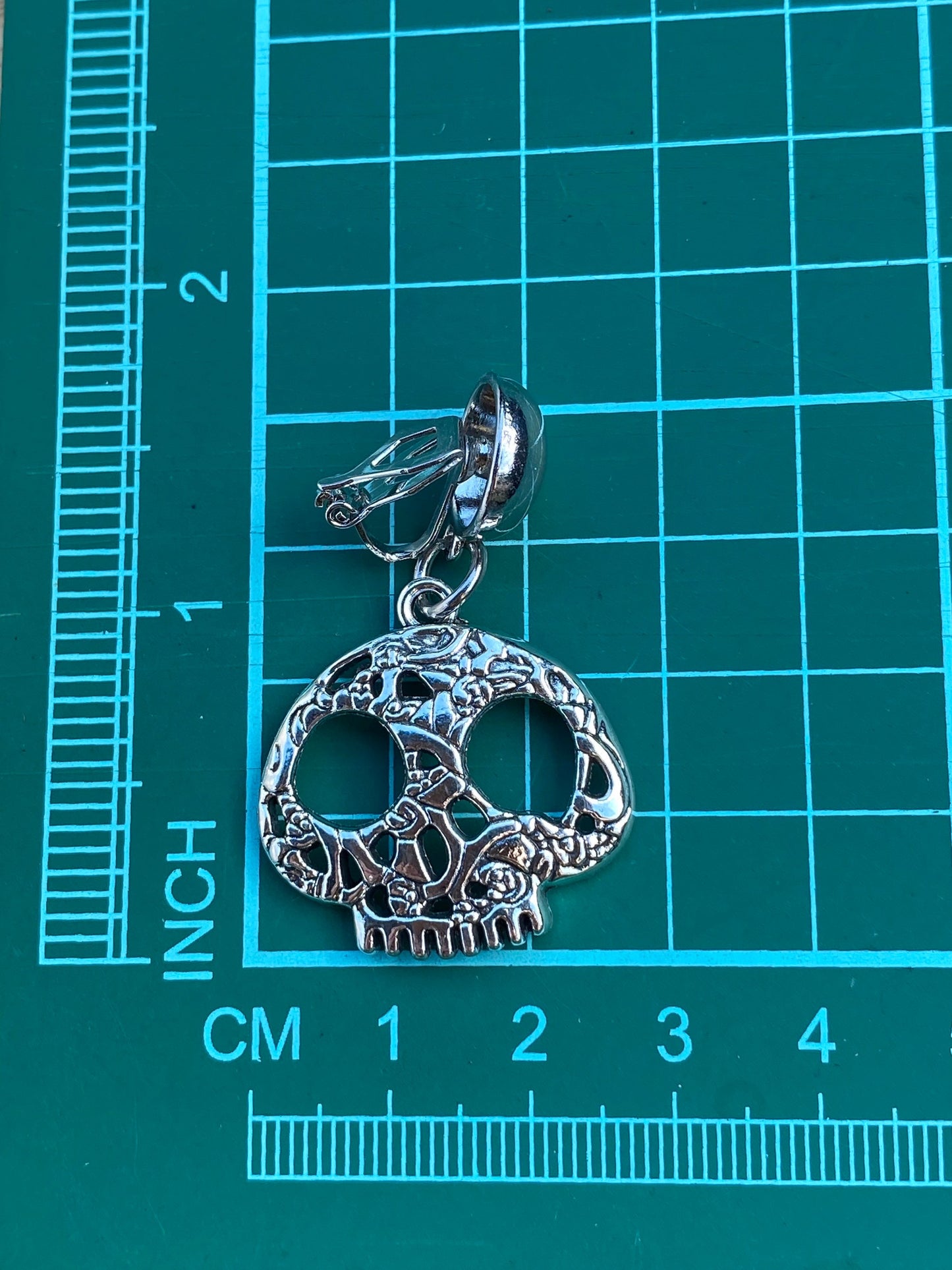 Silver skull clip on earrings, sugar skull earrings