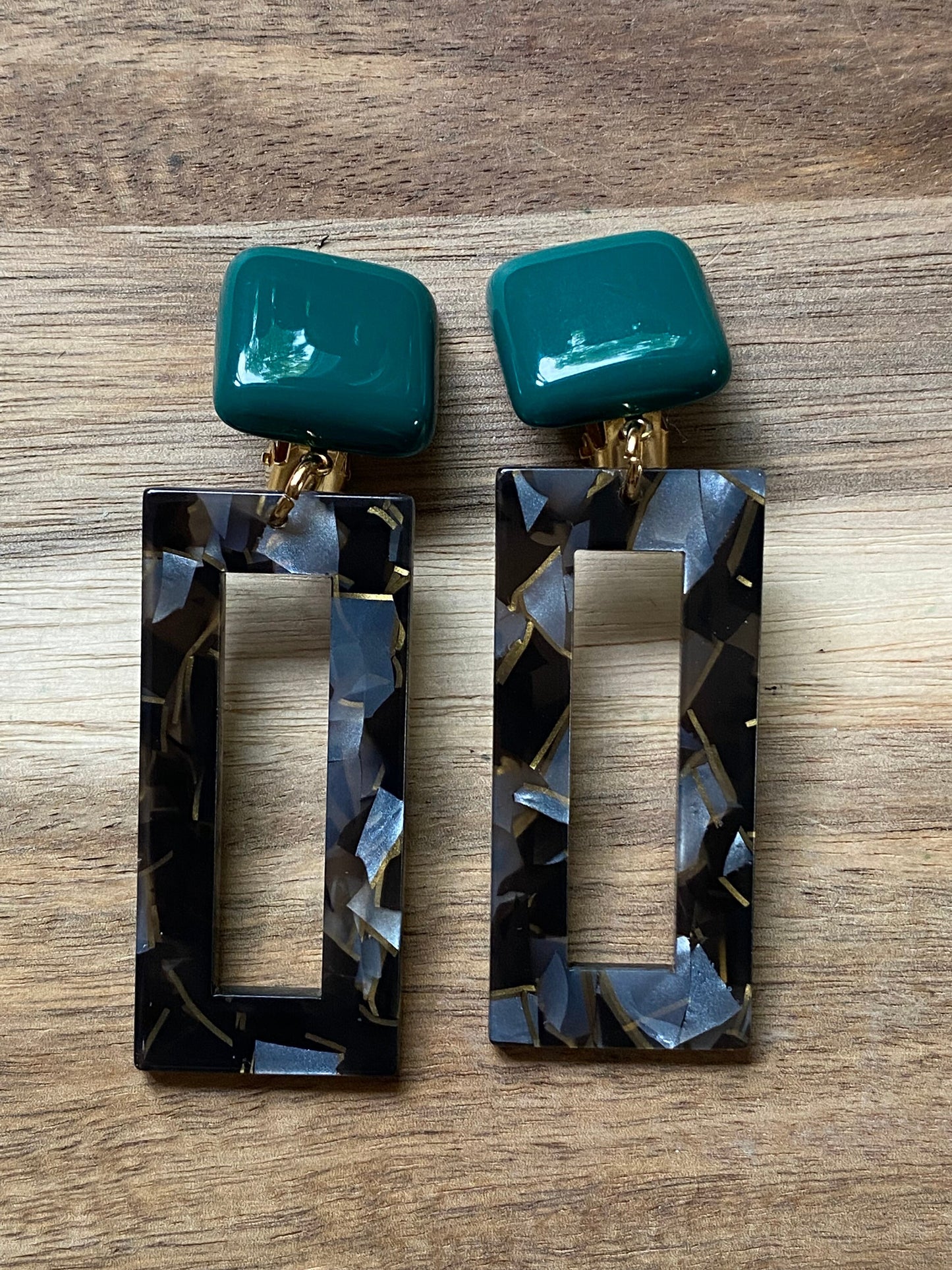 Tortoiseshell rectangle clip on dangling earrings, modern bold ear clips