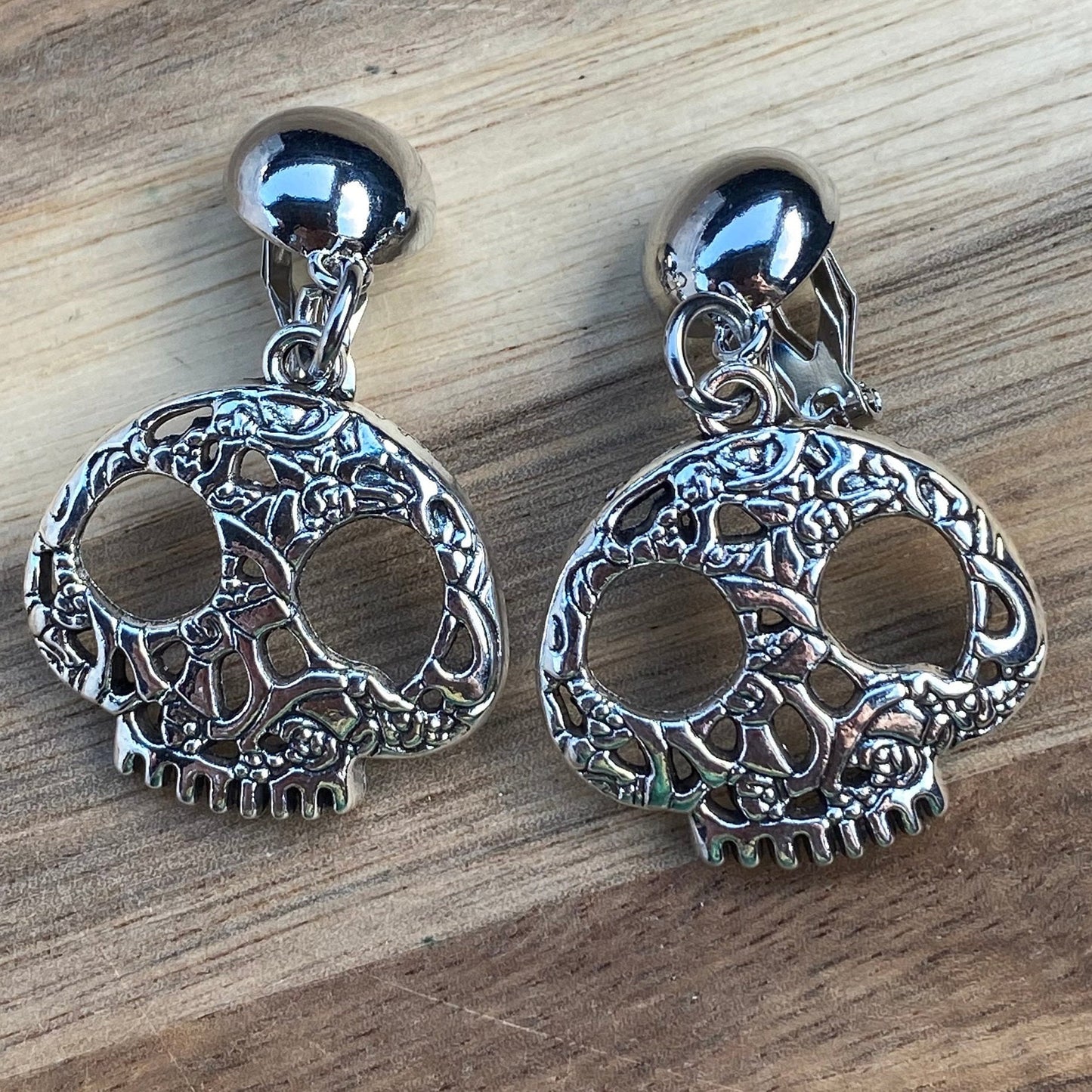 Silver skull clip on earrings, sugar skull earrings