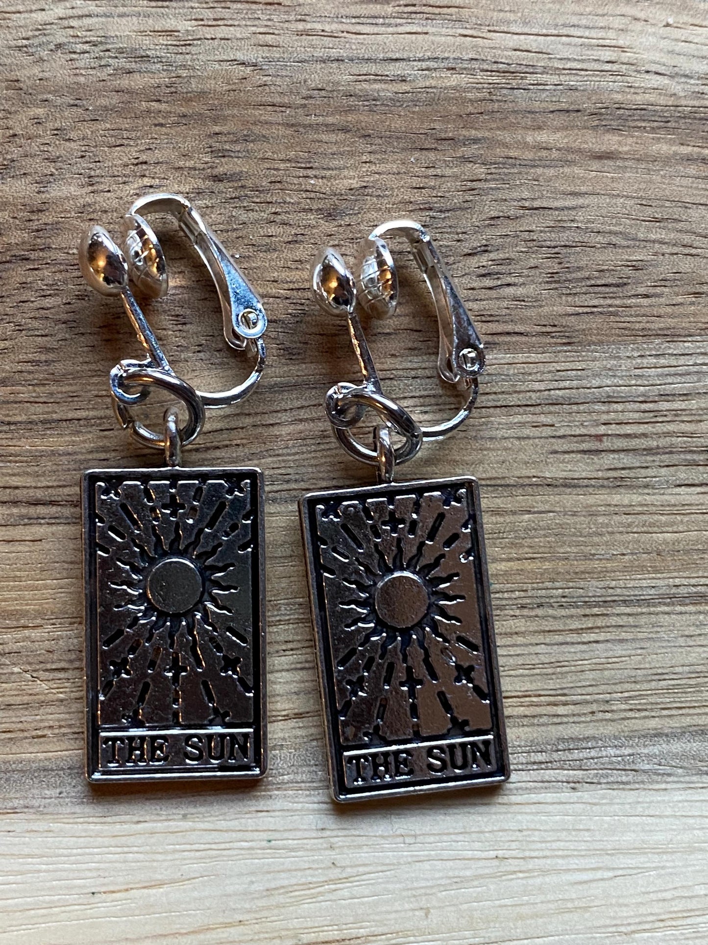 Silver Tarot card clip on earrings, spiritualist earrings, Halloween earrings, fortune telling clip ons