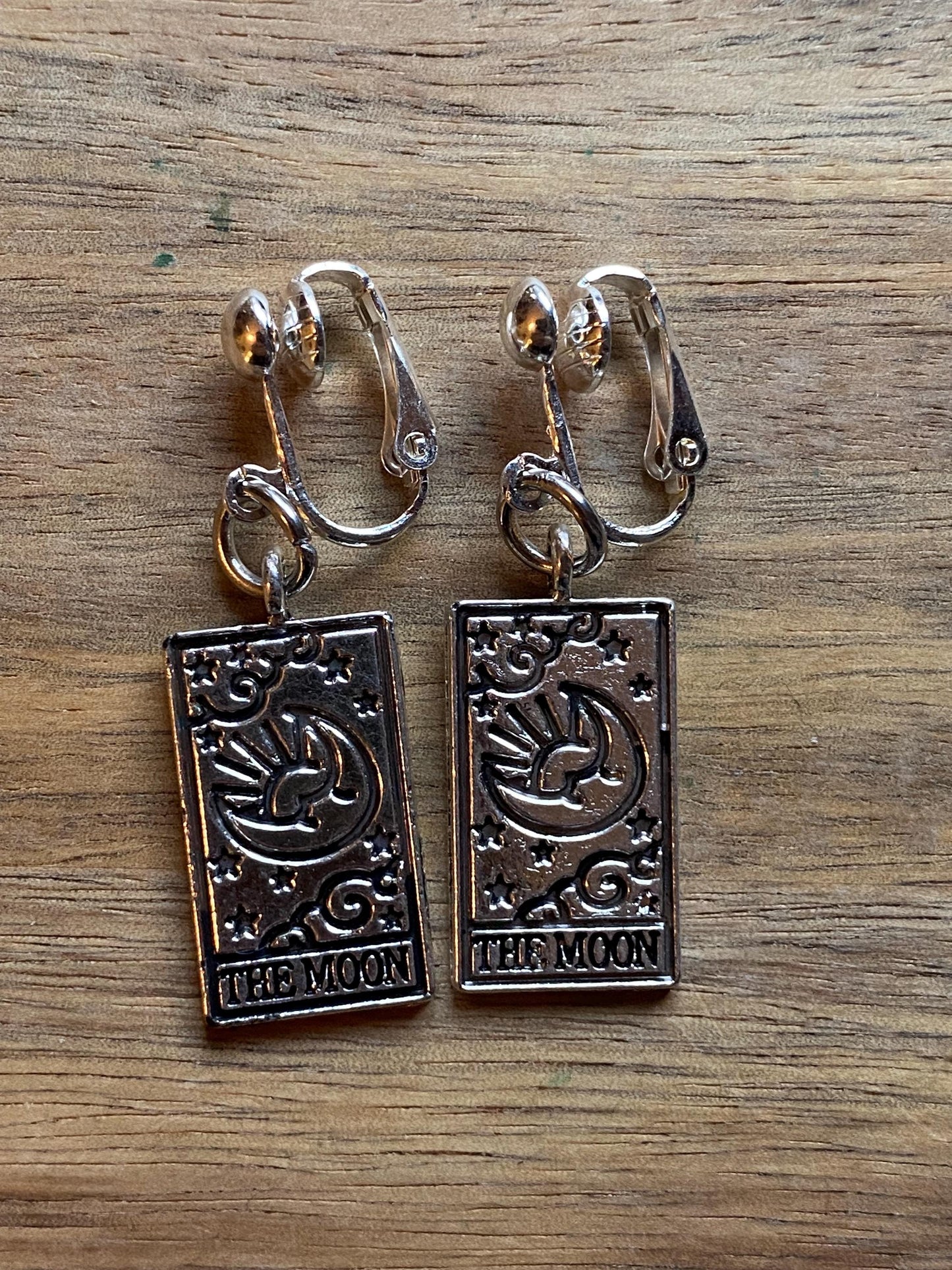 Silver Tarot card clip on earrings, spiritualist earrings, Halloween earrings, fortune telling clip ons