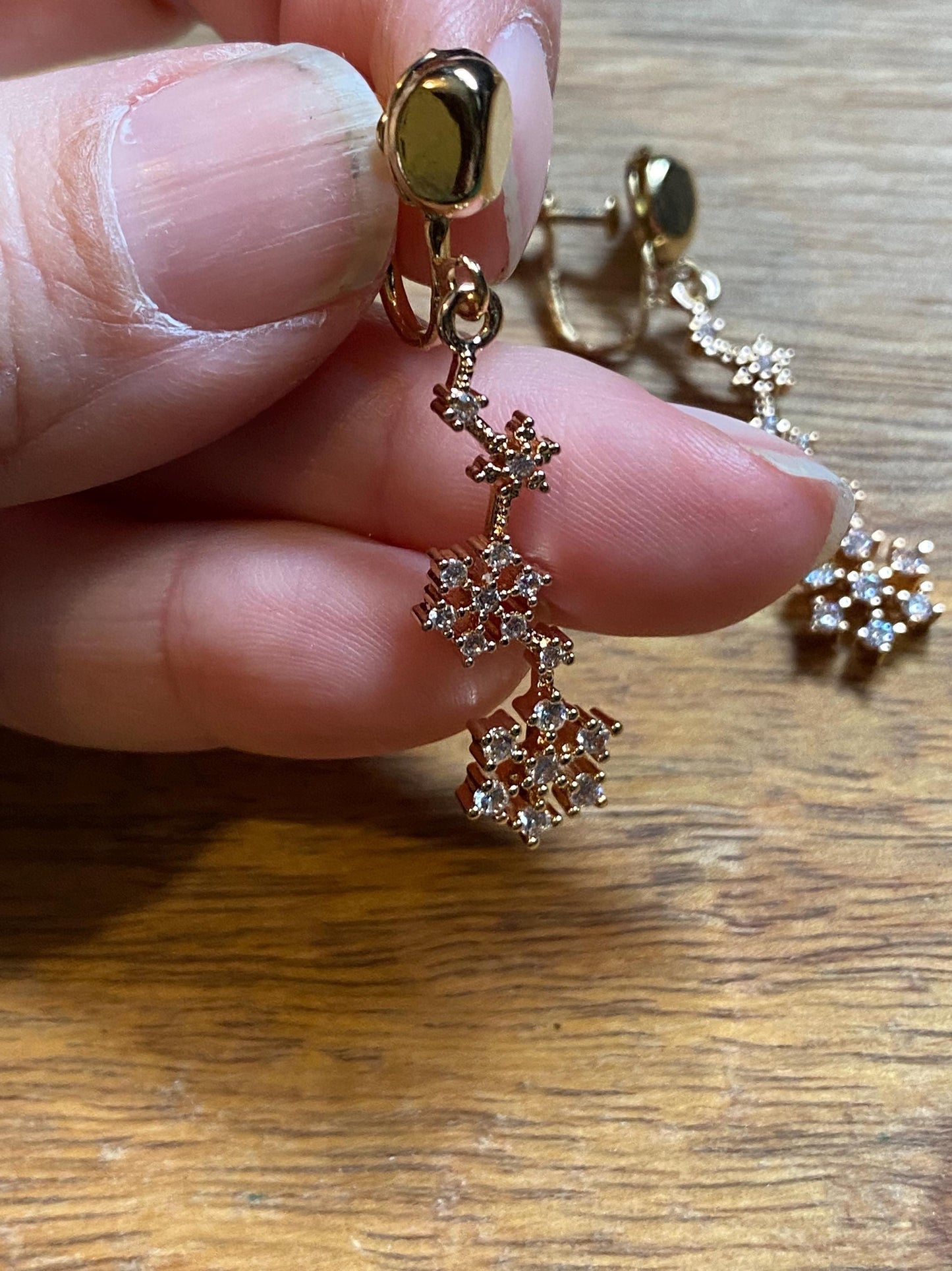 Dangling screw on rhinestone snowflake clip on earrings, dangle winter earrings for unpierced ears