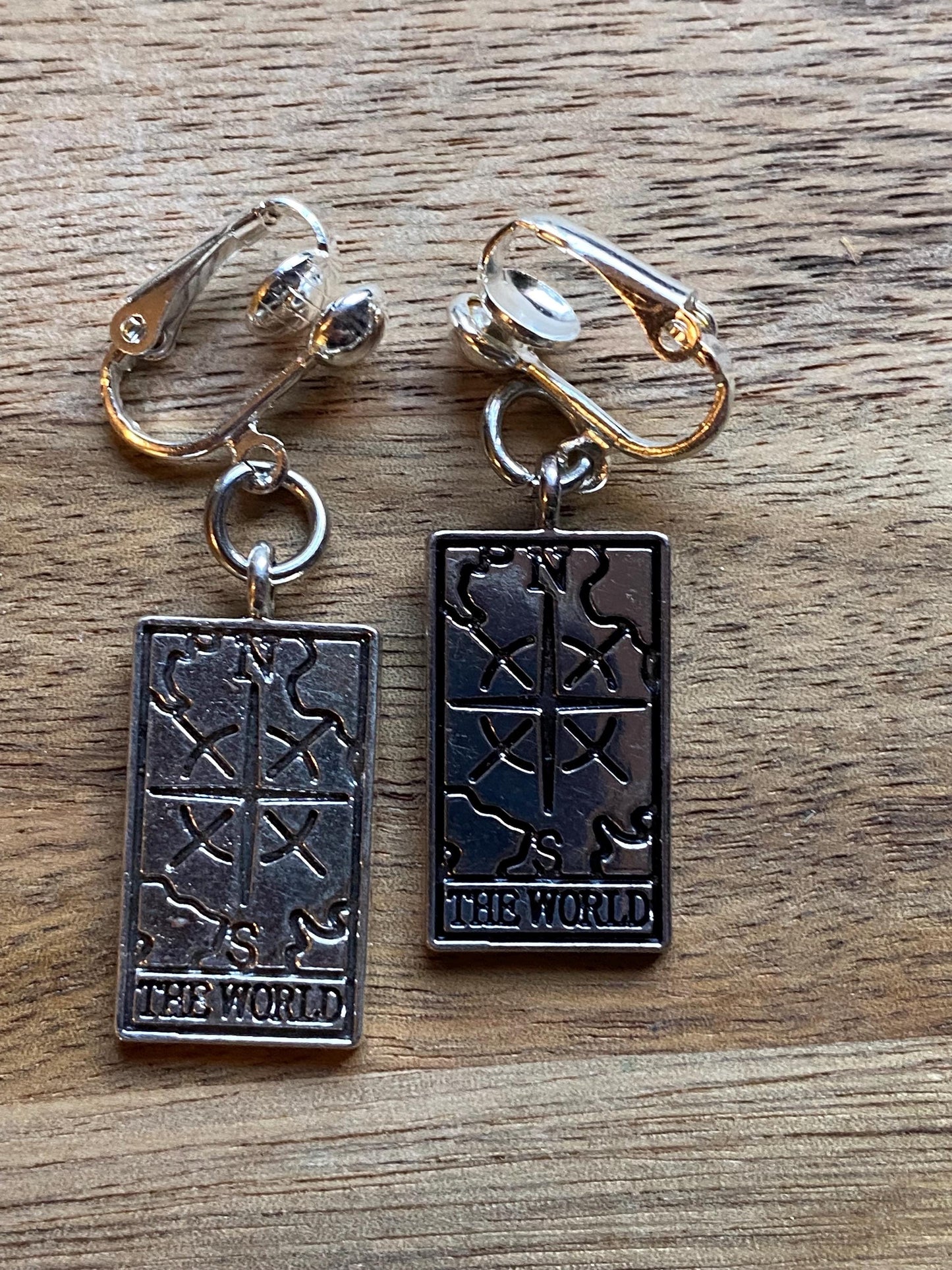 Silver Tarot card clip on earrings, spiritualist earrings, Halloween earrings, fortune telling clip ons