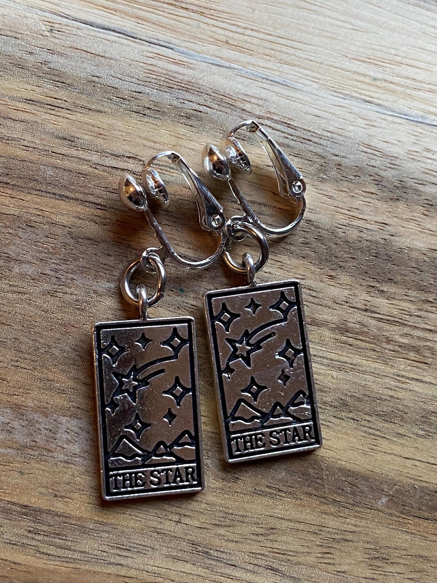 Silver Tarot card clip on earrings, spiritualist earrings, Halloween earrings, fortune telling clip ons