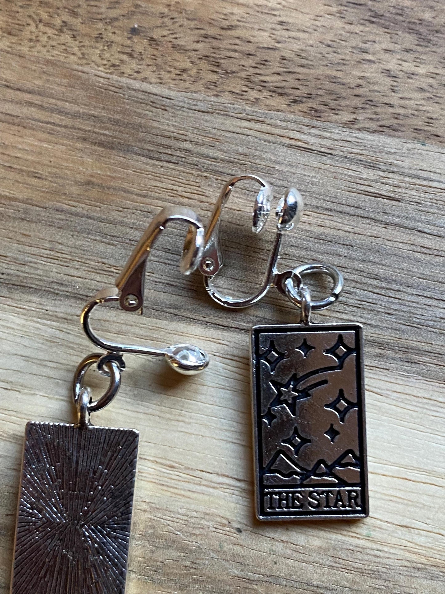 Silver Tarot card clip on earrings, spiritualist earrings, Halloween earrings, fortune telling clip ons