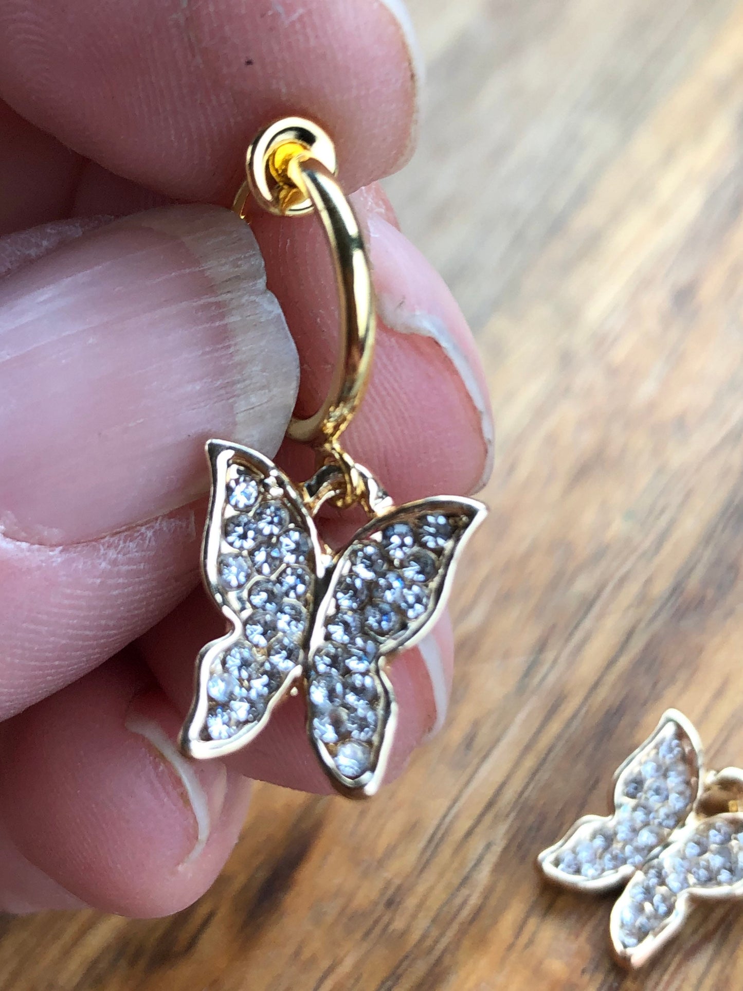 Small gold and rhinestone butterfly huggie clip on earrings (no pierce |spring hoop)