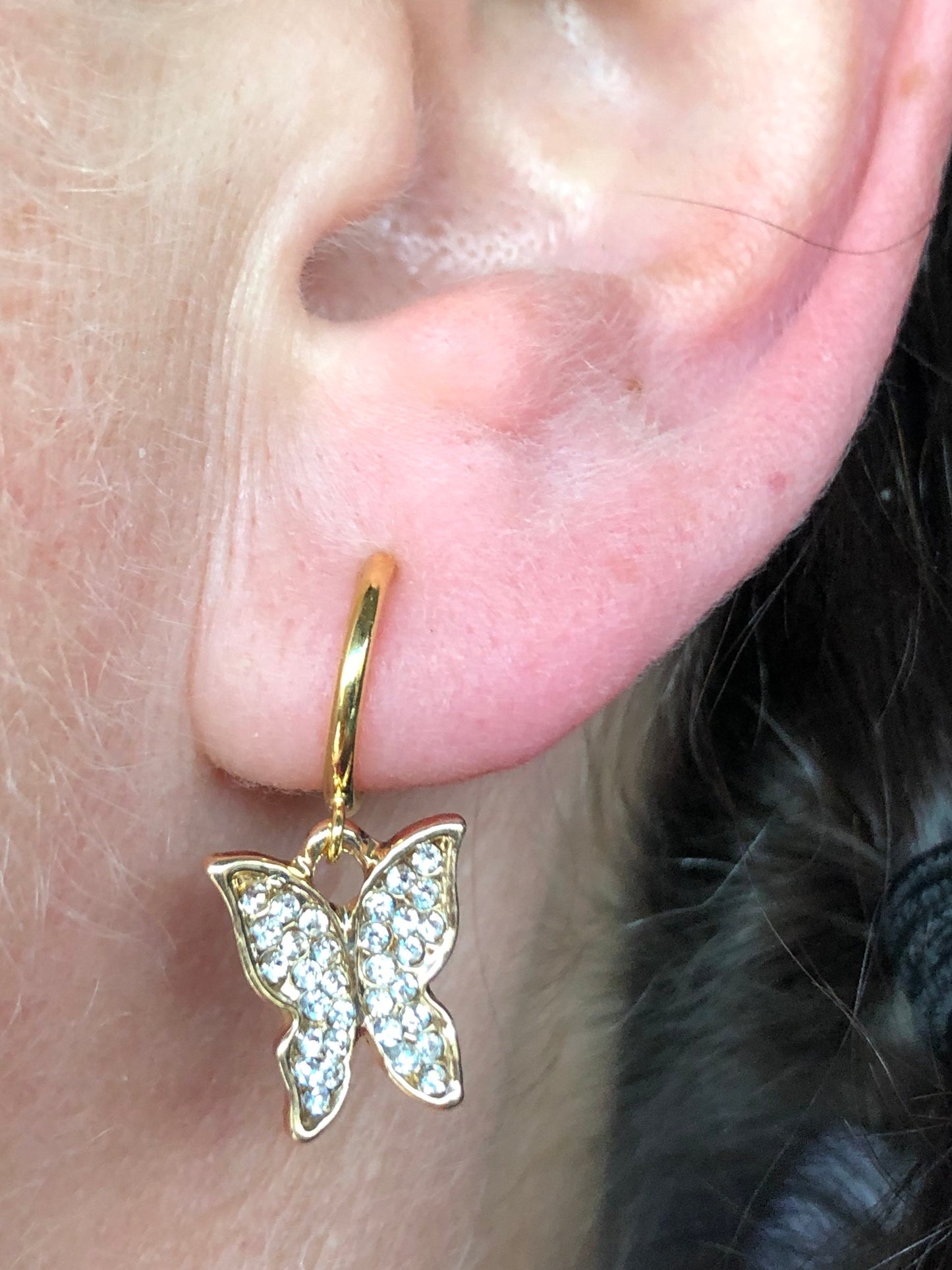 Small gold and rhinestone butterfly huggie clip on earrings (no pierce |spring hoop)