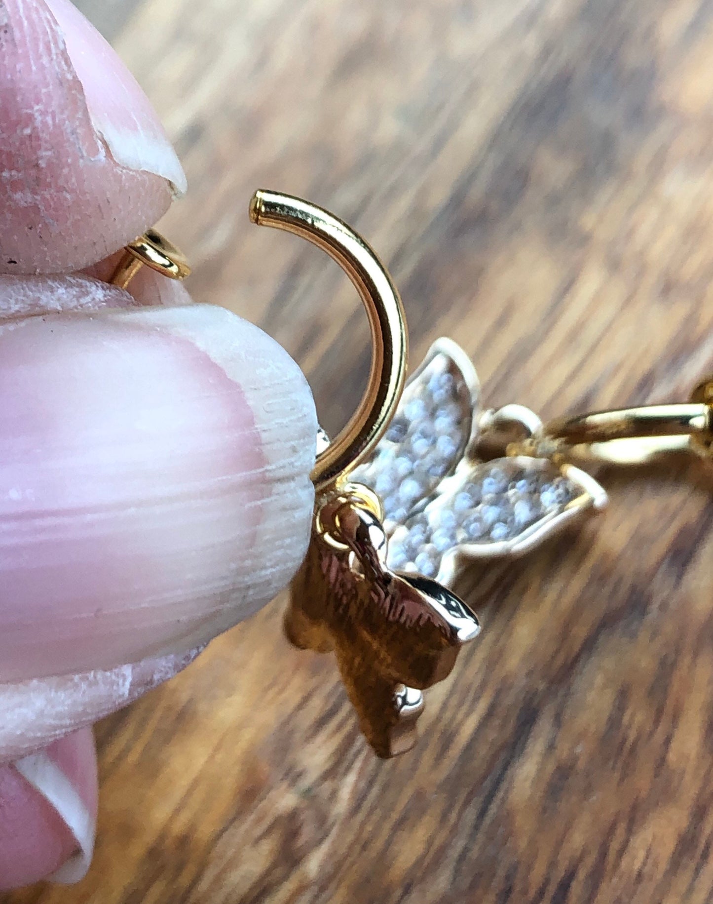 Small gold and rhinestone butterfly huggie clip on earrings (no pierce |spring hoop)