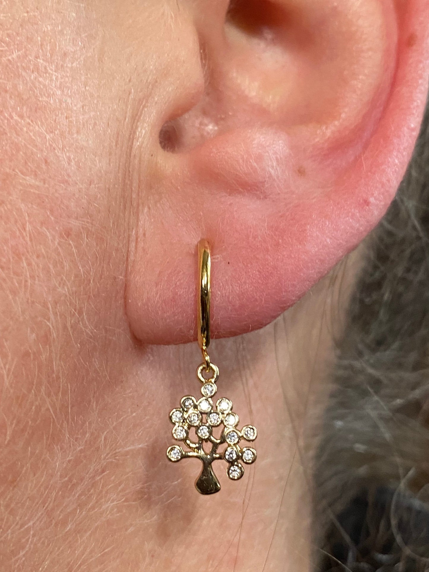 Sparkling tree pendant clip on earrings with rhinestone accents (spring hoop) | tiny tree rhinestone earrings, small earrings for unpierced ears