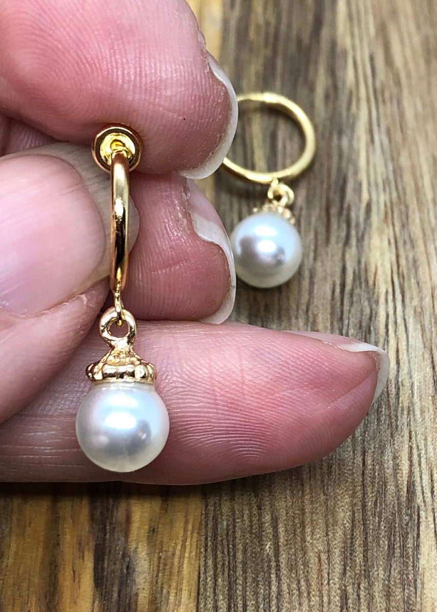 Dangling faux pearl huggie clip on earrings, retractable spring hoop earrings
