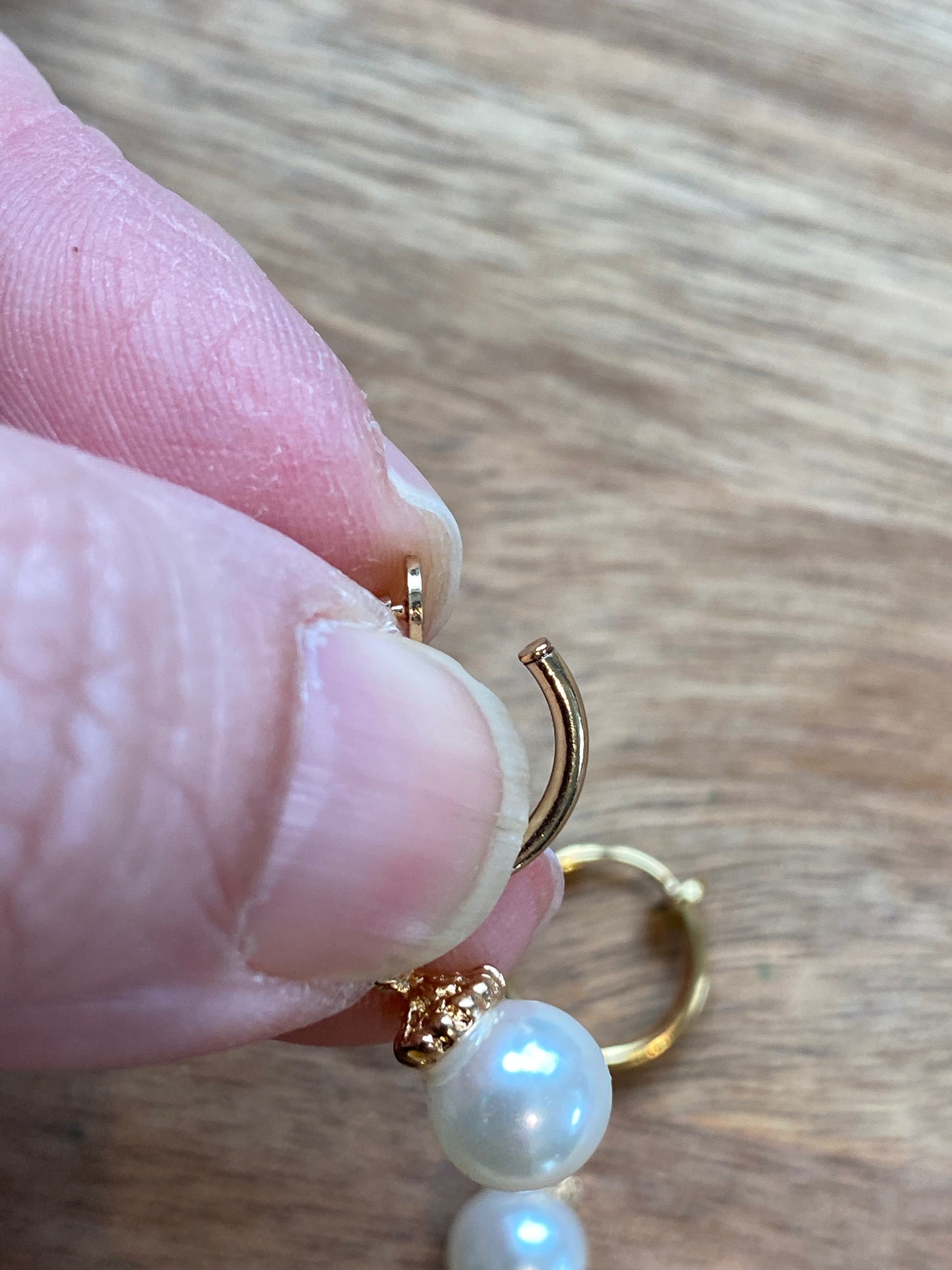 Dangling faux pearl huggie clip on earrings, retractable spring hoop earrings